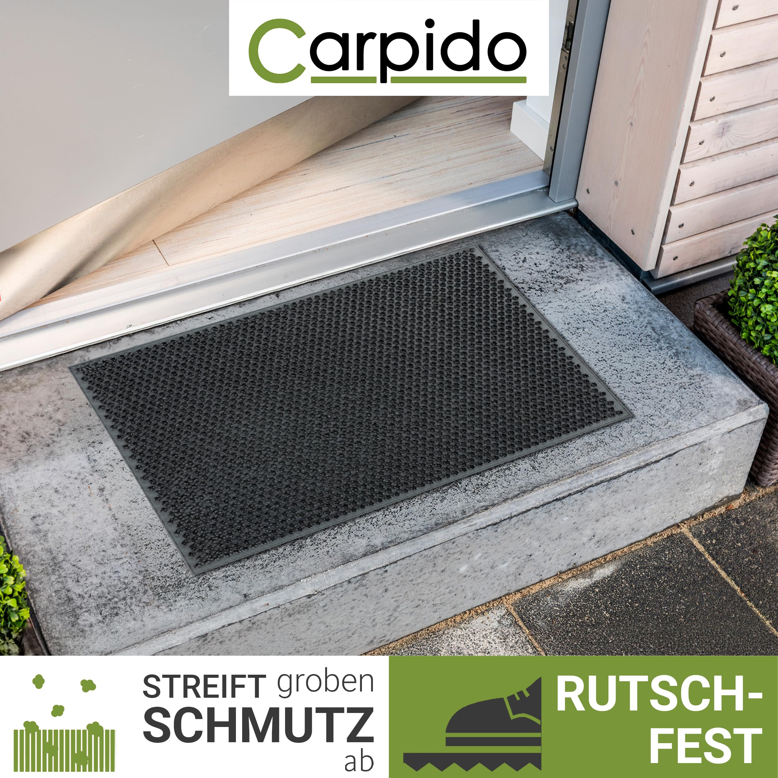 Carpido Wetterfeste Fußmatte Garten - Grau 40 x 60 cm - Outdoor Schmutzfangmatte - Türmatte leicht zu reinigen - Flexible Gummifußmatte Außen rutschfest
