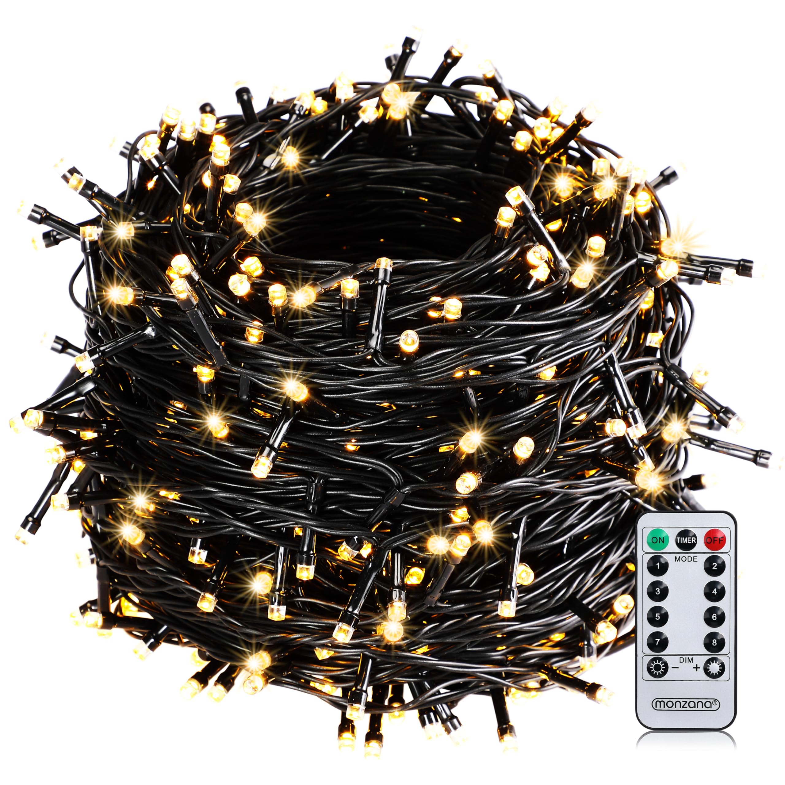 Monzana® 600 LED Lichterkette 60m mit Fernbedienung Timer Innen Außen 8 Modi Dimmbar IP44 Wetterfest Stecker Weihnachten Weihnachtsbeleuchtung Warmweiß
