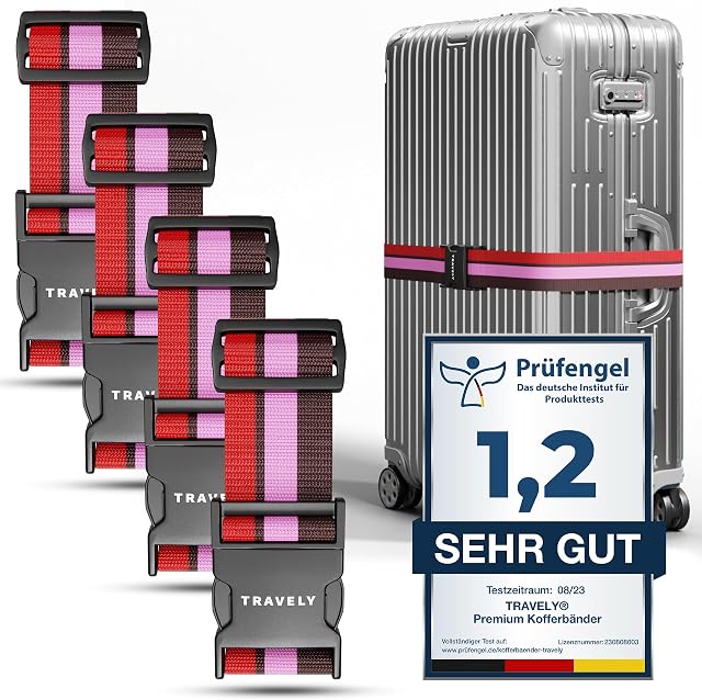 Travely® Pas do walizki premium - wyjątkowo rzucający się w oczy i bezpieczny - w zestawie 2 tabliczki z imieniem - pasek do walizki idealny nad krzyżem - [zestaw 4 szt.] - kolorowy