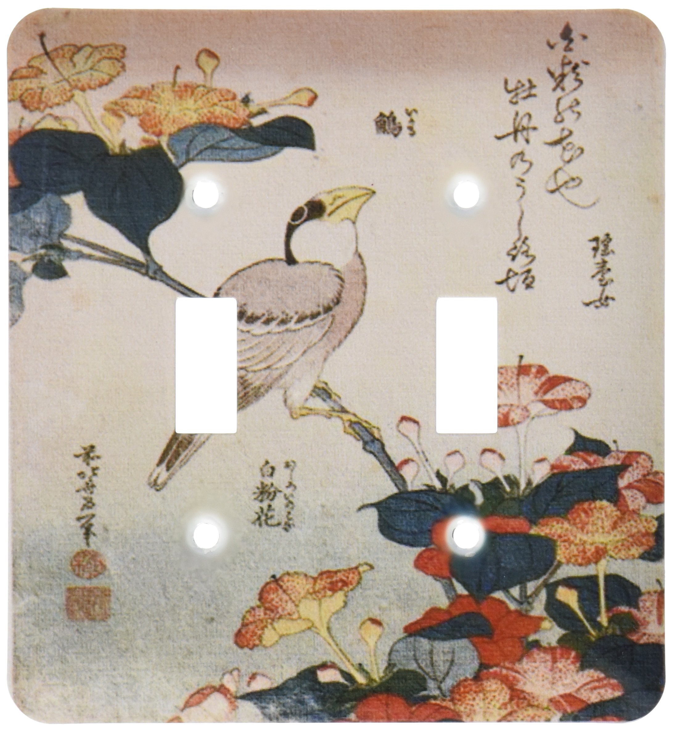 Double interrupteur à bascule décoration japonaise fleurs et oiseau mural