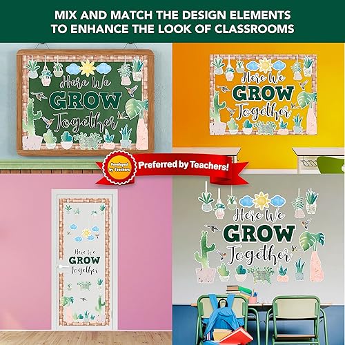 Miniatura 6 de Decorably Juego de 53 tablones de anuncios con bordes, diseño de cactus con recortes, tablero de anuncios We Grow Together - aula, pasillos