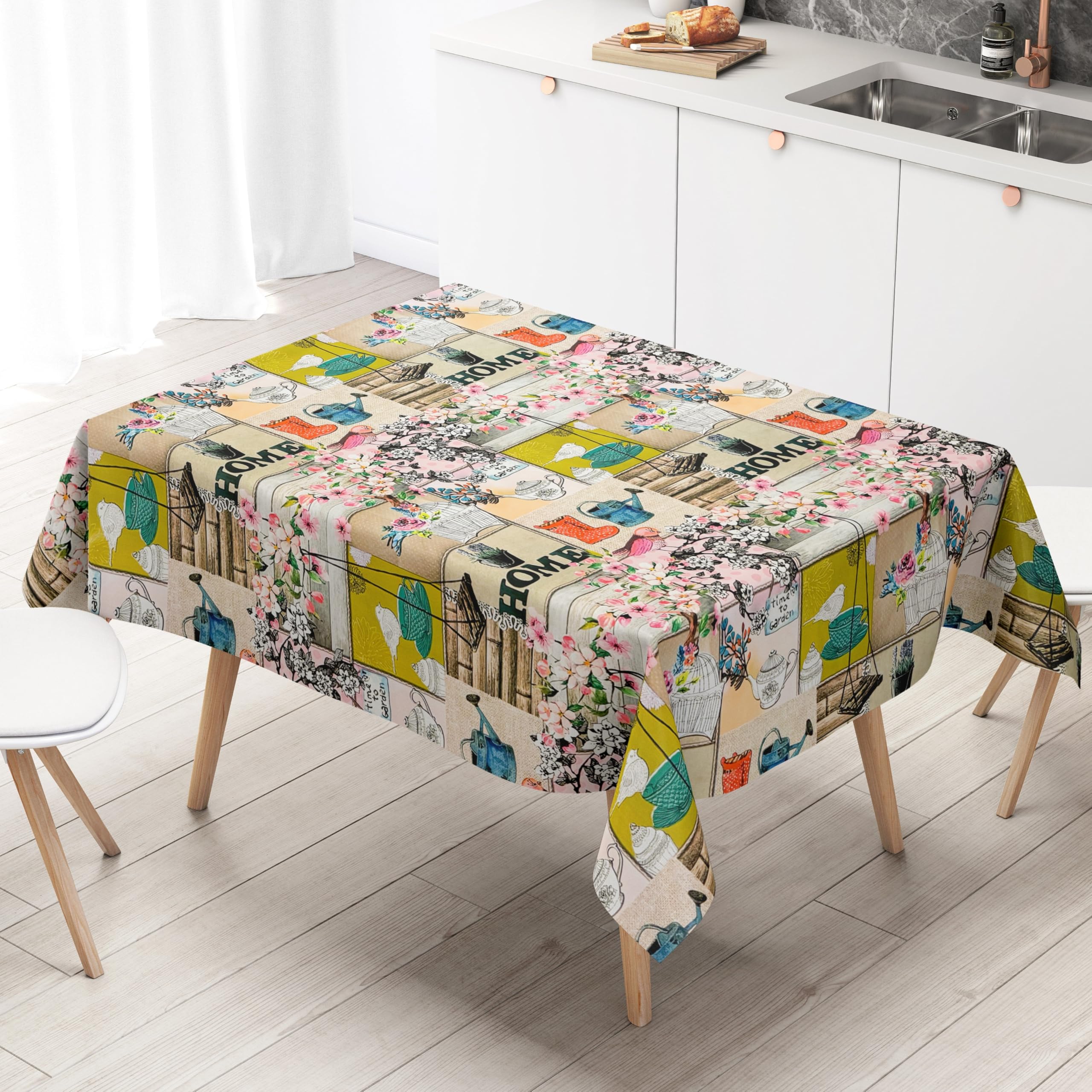 KEVKUS Nappe en toile cirée - Largeur : 160 cm - Motif oiseaux et fleurs de cerisier - Bois au choix - Rectangulaire, ronde et ovale - Dimensions : rectangulaire 160 x 180 cm avec ruban passepoilé