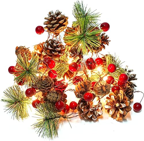 Guirnalda de luces de Navidad de 6.7 pies, 20 luces LED, funciona con pilas, bayas rojas, cono de pino, luces de Navidad para chimenea, chimenea,