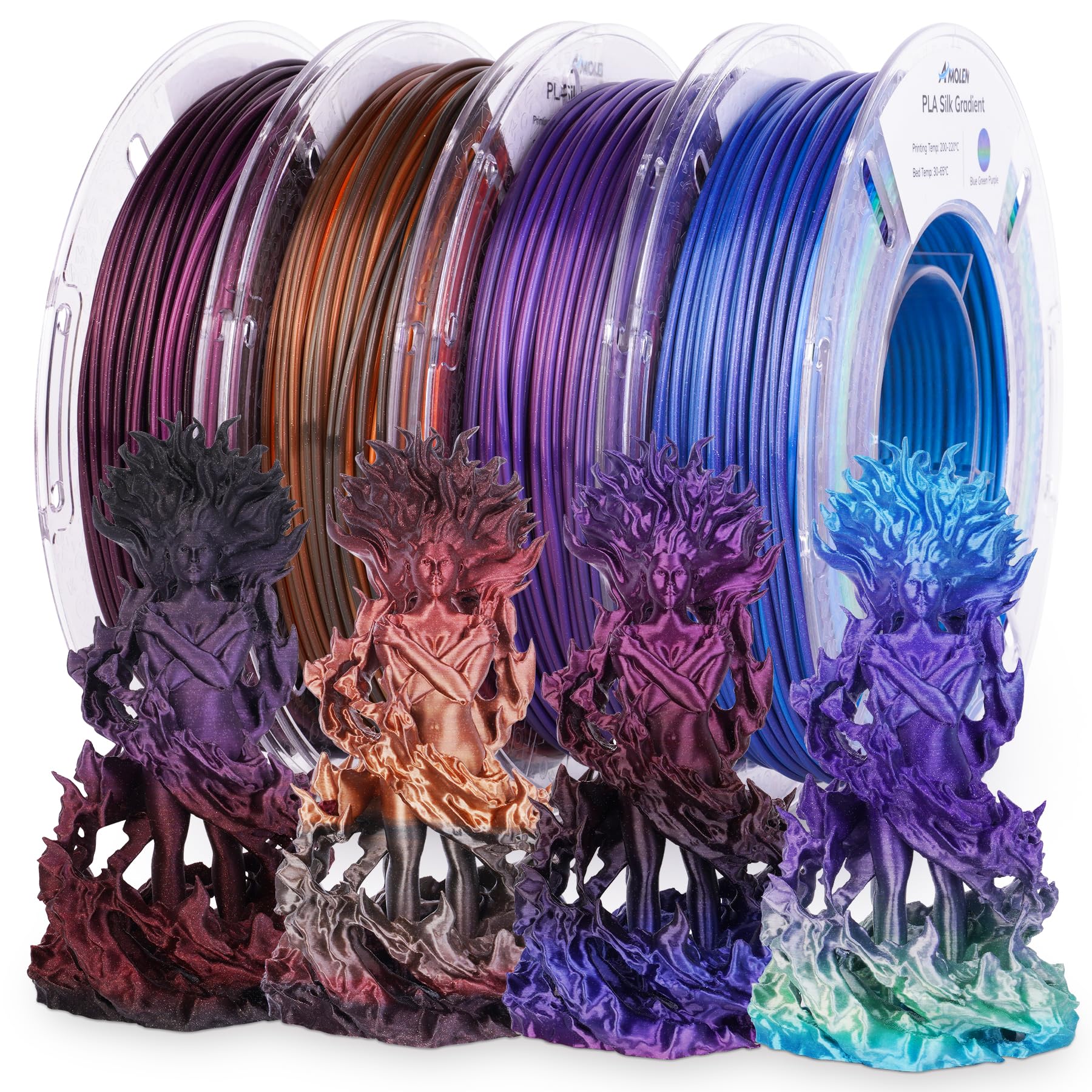 AMOLEN Silk PLA Filament Bundle, 3D Printer Filament Gradient 1.75mm Silk Shiny Filament Bundle 1.75mm PLA 200gX 4 Spools