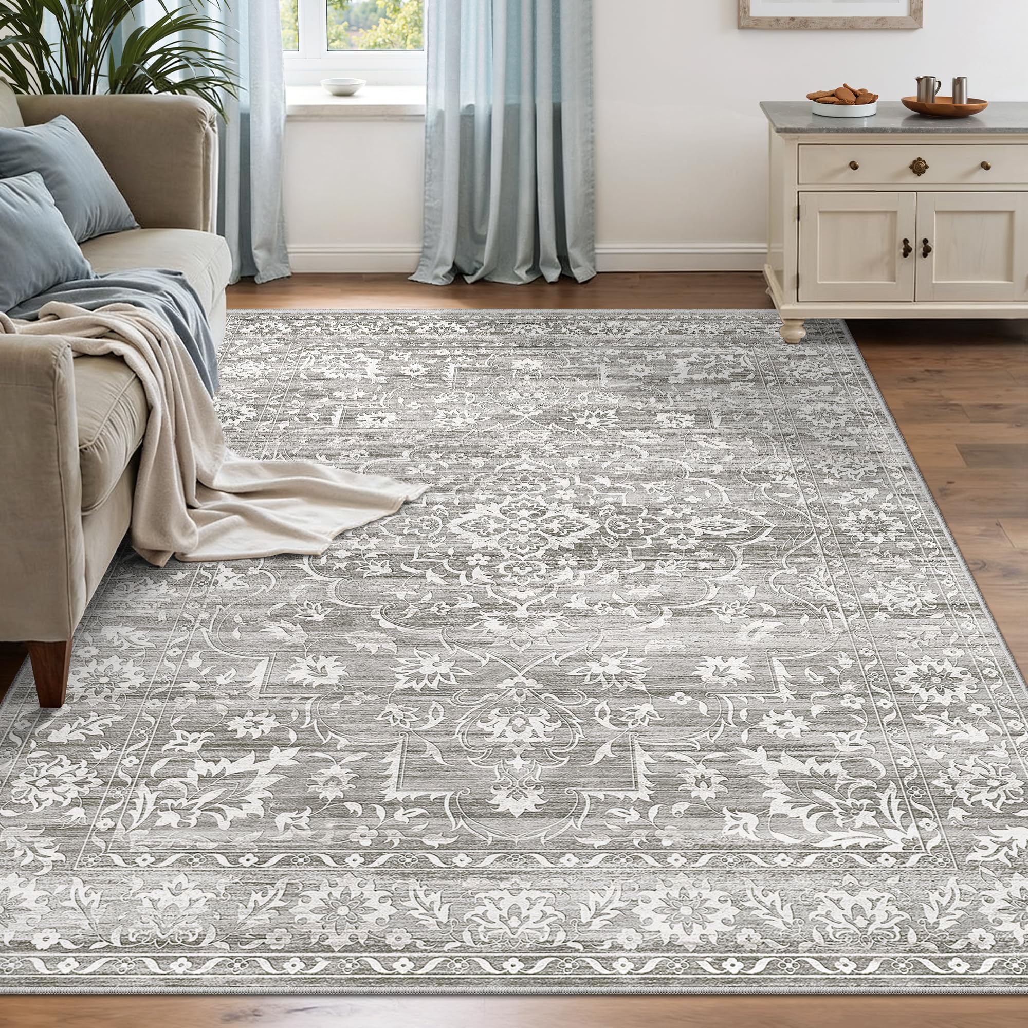 Soalmost 6x9 Area Rugs for Living Room, Stain Resistant Neutral Washable Rugs for Bedroom, Floral Vintage Non-Slip Soft Throw Gray Carpet for Dining
