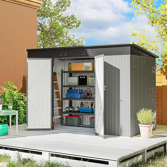 Outsunny 9英尺x 4英尺镀锌钢储物棚，宽双门带锁，适合后院、露台、草坪，灰色