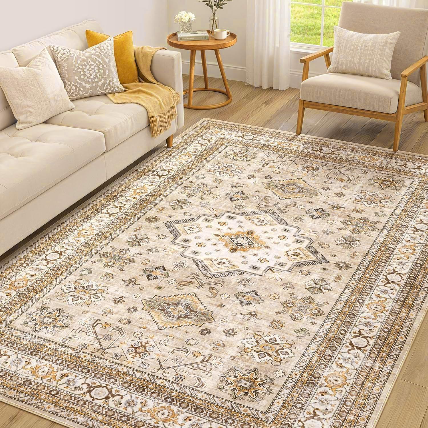 Tapis oriental traditionnel vintage beige jaune marron 150x150cm pour salon