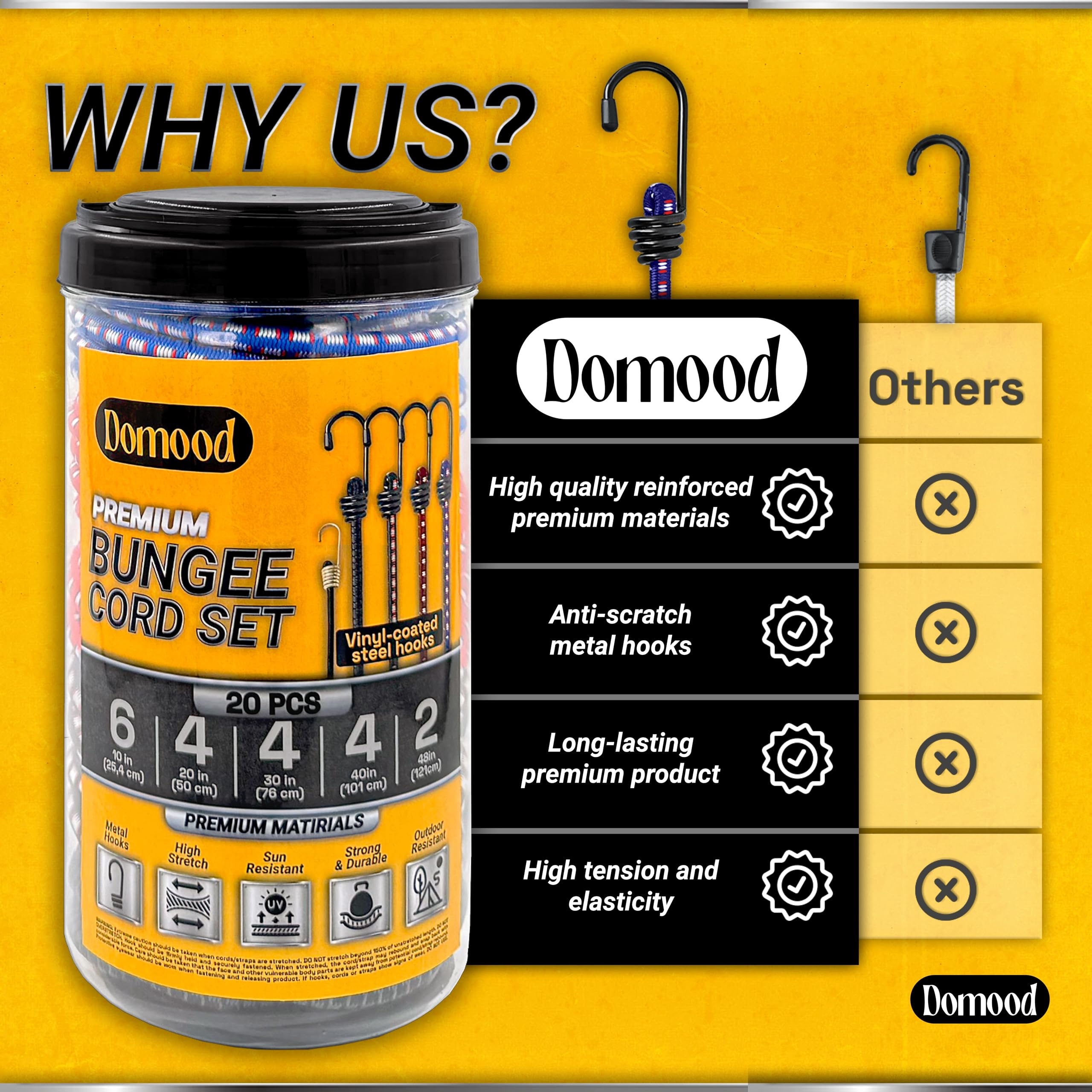 DOMOOD Premium Bungee Cords Heavy Duty - 20 pcs Bungee Cords with