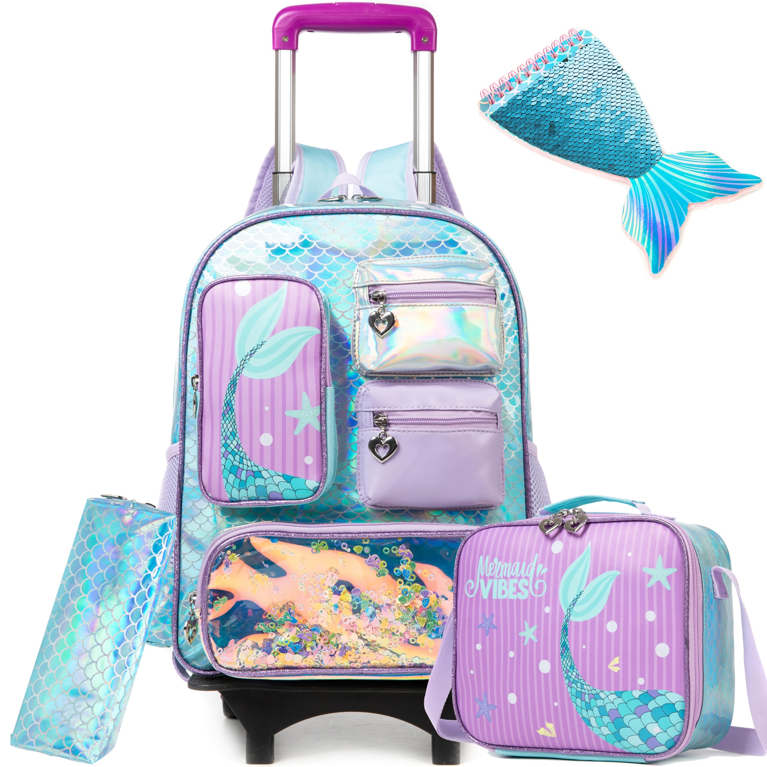 MeetbelifyBowknot Rolling Backpack for Gilrs Backpacks with Wheels Kids Wheeled Suitcase Luggage, Purple Mermaid, 16.5"X11.8"X6.6", Custom, Compact