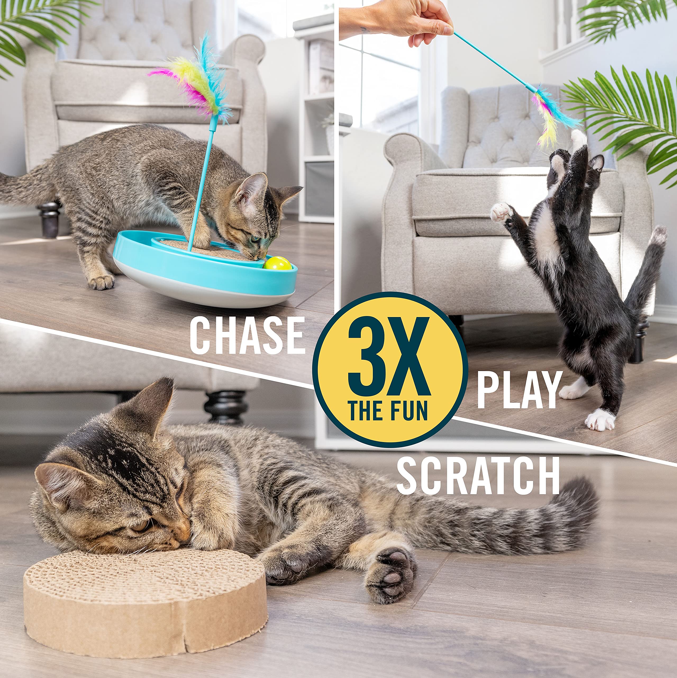 Our Pets Juguete para Gatos Wobble Scratch Track - Juguetes interactivos para Gatos de Interior con Pista de Bola para Gatos Que Rueda, Varita de Plumas y Almohadilla rascadora. Ideal como Juguete