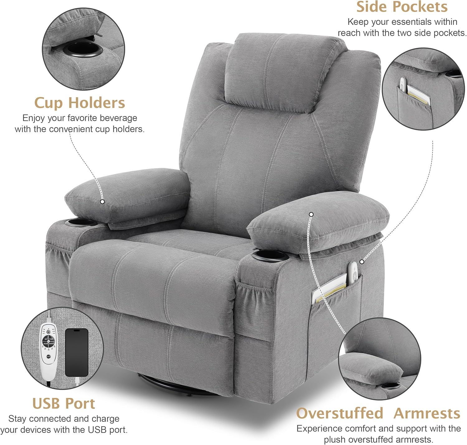 Oversized Swivel Rocker Recliner Sofa Chair with Heat and Massage, Large Big Recliner for Living Room, 360 Degree Swivel Rocking Single Sofa with Cup Holders and USB Port(Fabric, Grey)
