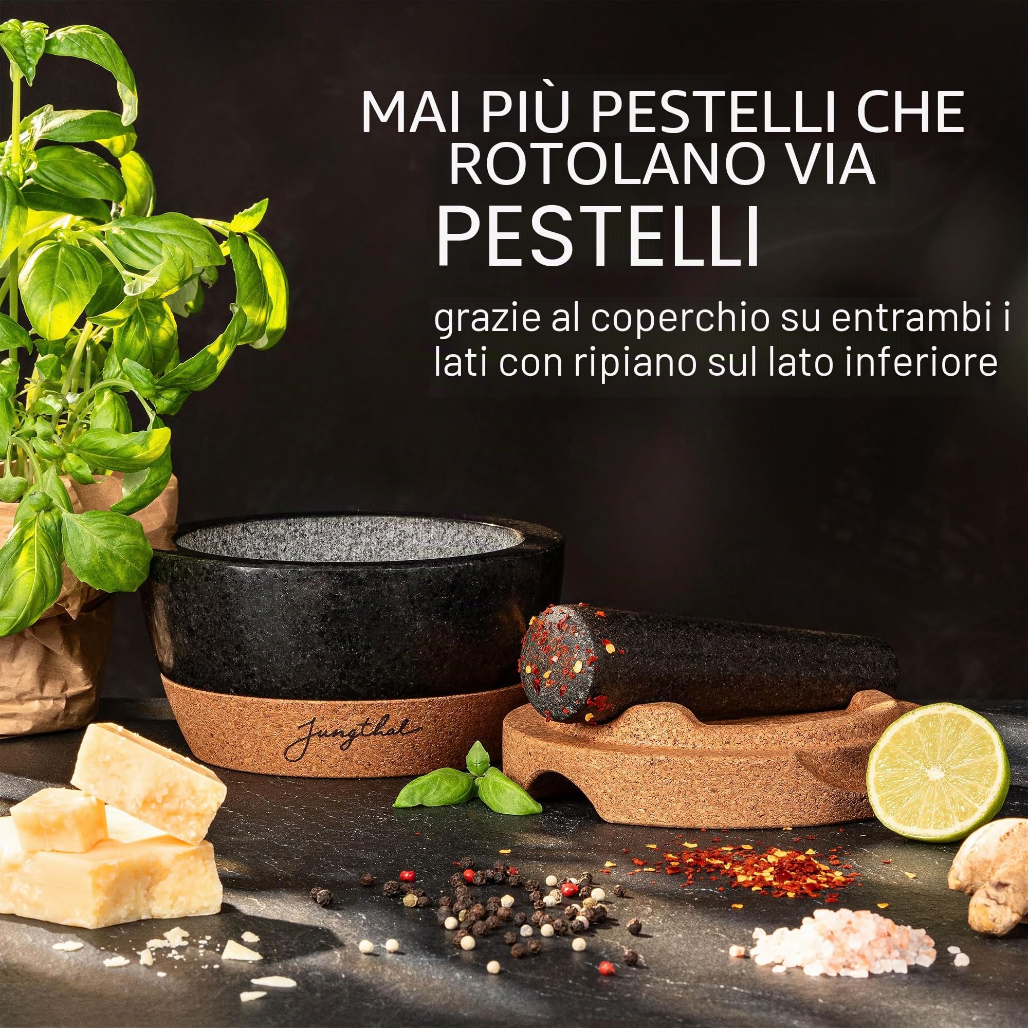 Mortaio con pestello in set | granito + sughero in design premiato | naturale, nobile e 100% antiscivolo | Ø 16 cm | mortaio di pietra per erbe e spezie | Mortar & Pestle