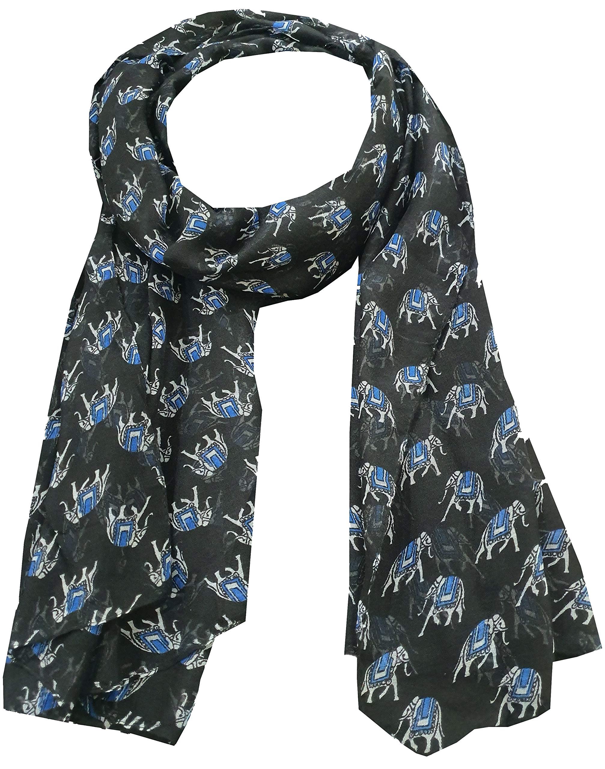 World Of Shawls Women's Indian Elephant Black Elephant Print Scarf Wraps Shawl Soft Scarves Sarong (Indian Elephant Black)