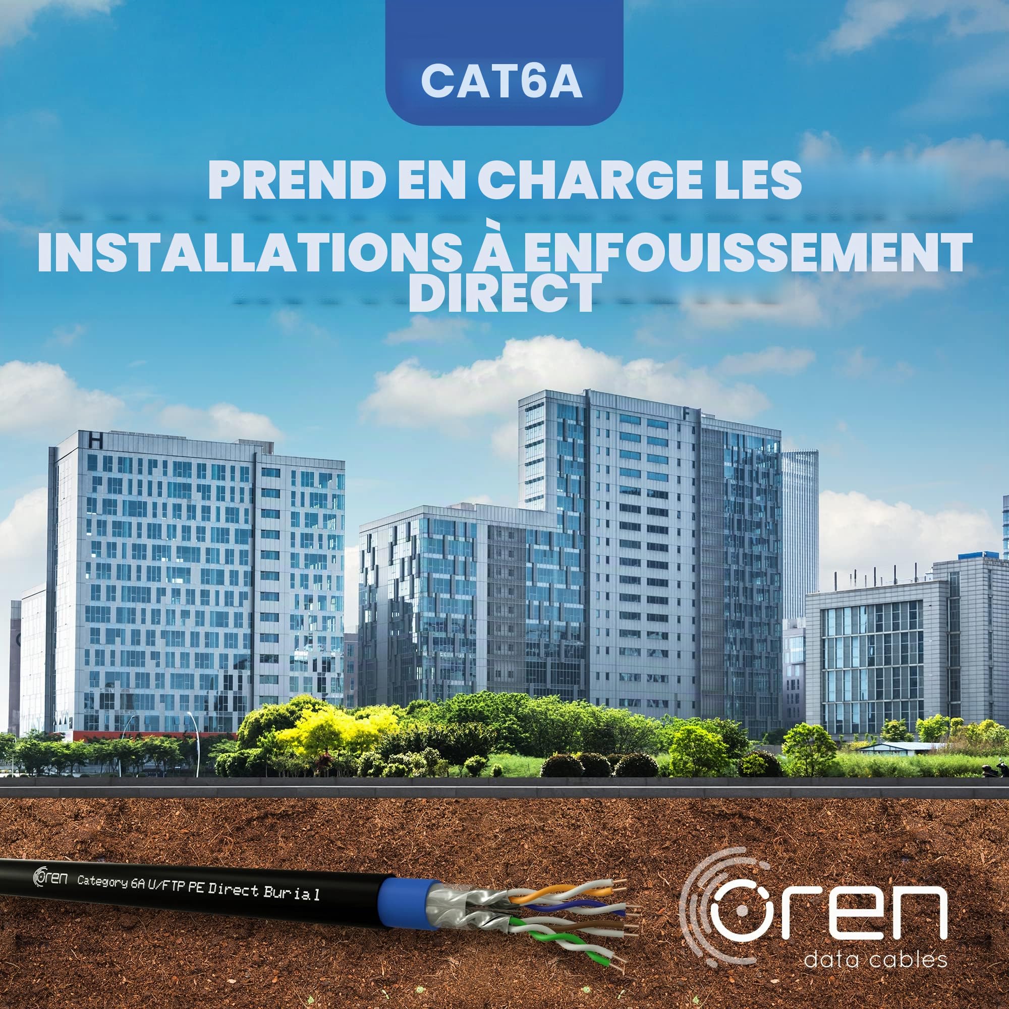 Oren CAT6A 50m Câble Ethernet Extérieur - Enfouissement Direct - Câble en Cuivre Pur 23 AWG - Bande passante 500 MHz - Câble réseau LAN Internet U/FTP, sans halogène, sans corrosion - 10GbE