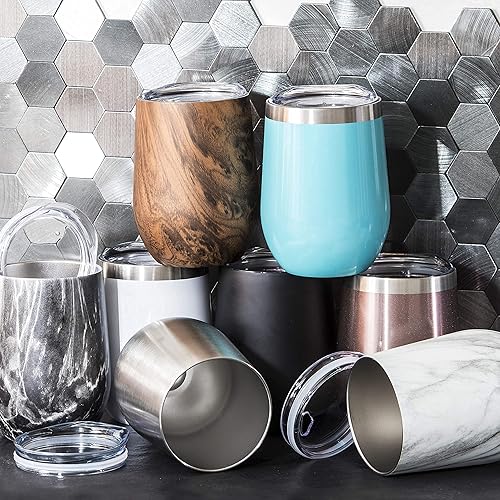 Miniatura 5 de Sipworks Vaso de vino de acero inoxidable: copa de vino sin tallo aislada al vacío de doble pared con tapa, 12 onzas, juego de 2, caoba/oro rosa