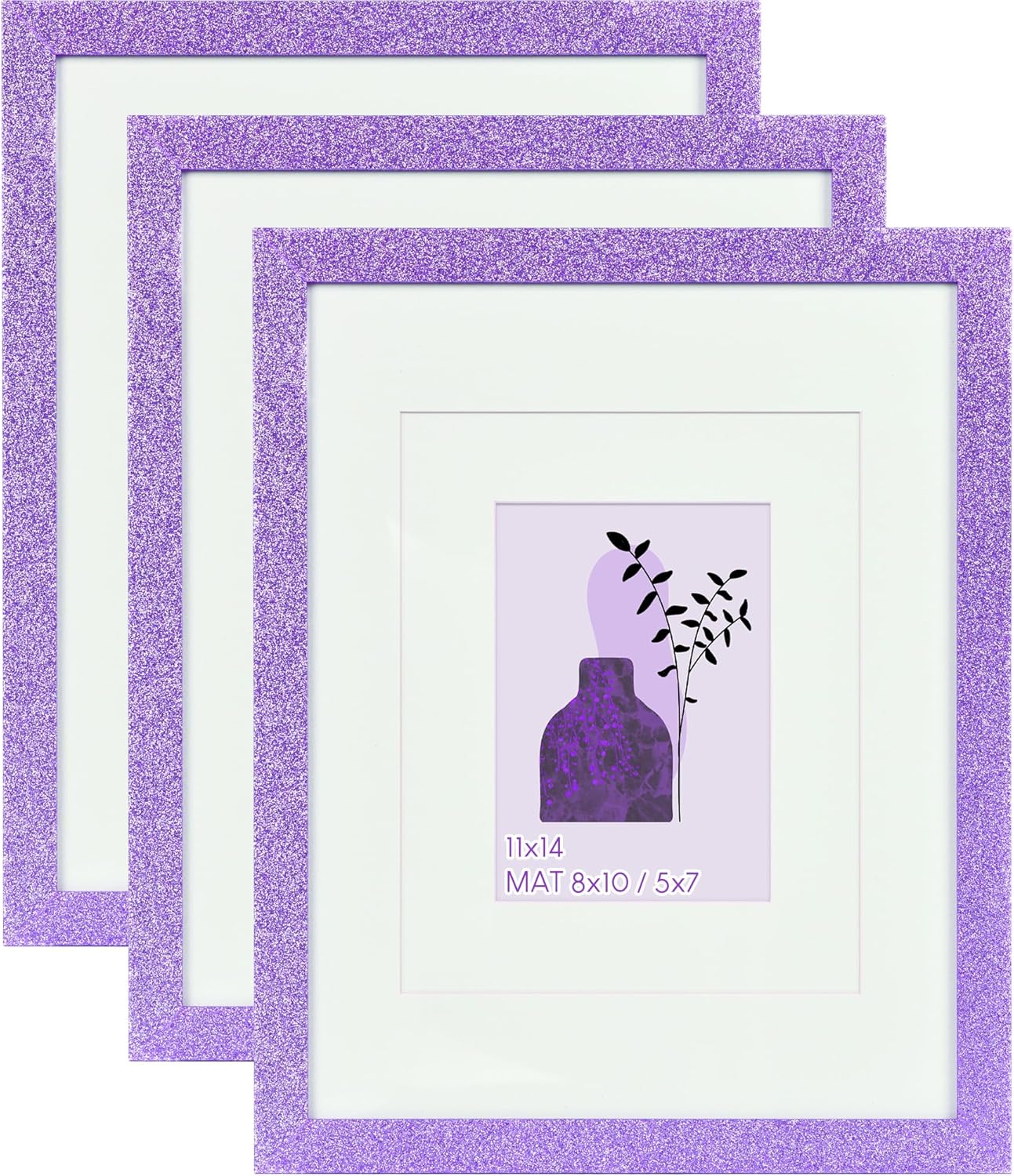 11x14 Glitter Picture Frame Set of 3, Stylish Sparkling Photo Frames with 8x10/5x7 Mat, Solid Wood and Real Glass for Tabletop or Wall Mount, Cute Home Office Decor, Purple