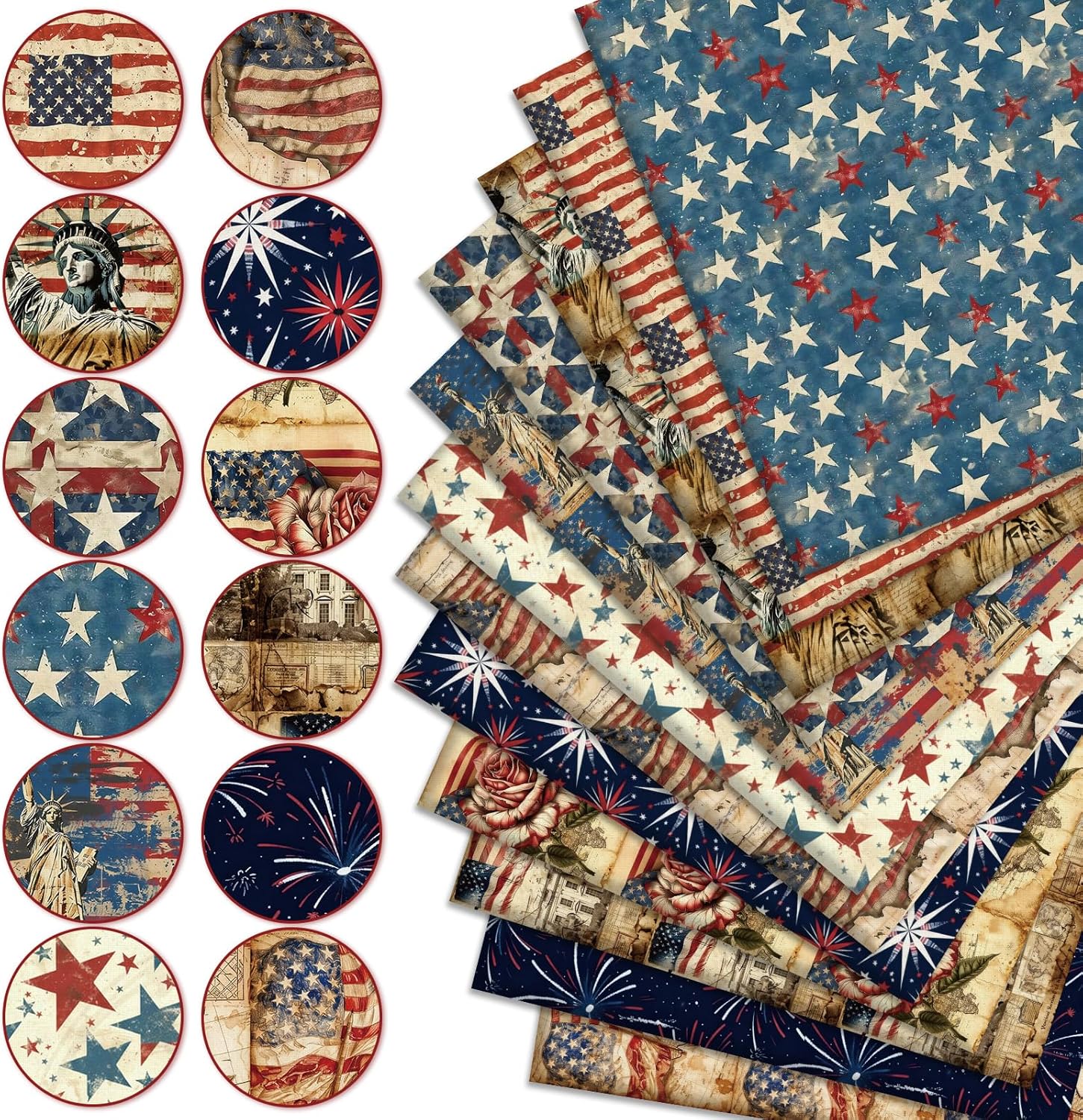 Whaline 12Pcs Patriotic Cotton Fabric Bundles Fat Quarters Vintage 4th of July Star Firework American Flag Sewing Fabrics for Independence Day DIY Craft Party Decor, 18 x 22 Inch