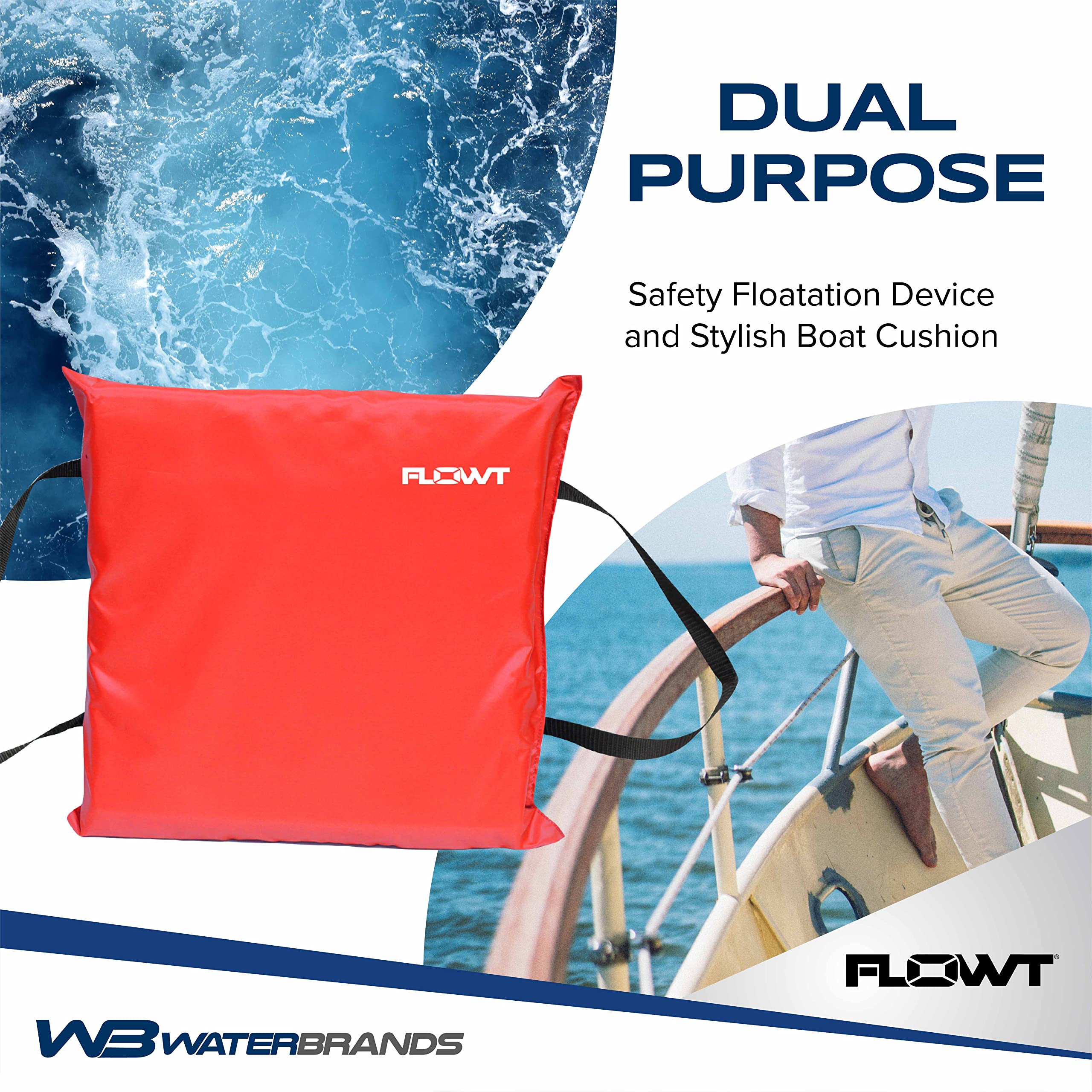 Flowt 40102 - Cojín de espuma de flotación lanzable tipo IV aprobado por la USCG | Cojín para bote | Dispositivo de seguridad para cojín de bote lanzable | 16 x 15 x 2.5 pulgadas (rojo)