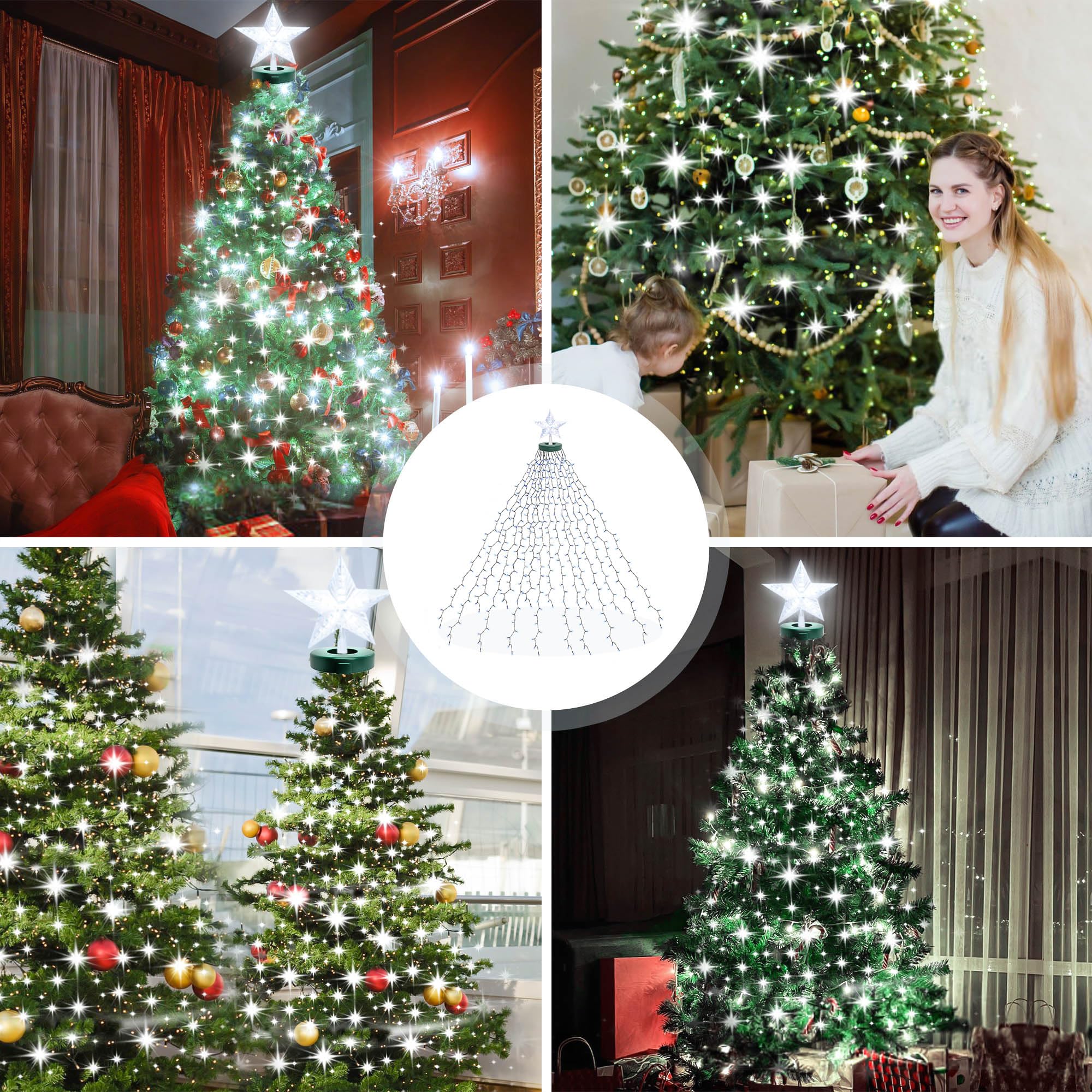 Luces para Arbol de Navidad 400LED con Estrellas, Luces con 8 Modos, 2m x 16 Guirnalda de Luces Blanco Cálido Luminosa Decoración para Interiores y Exteriores, Blanca Fría