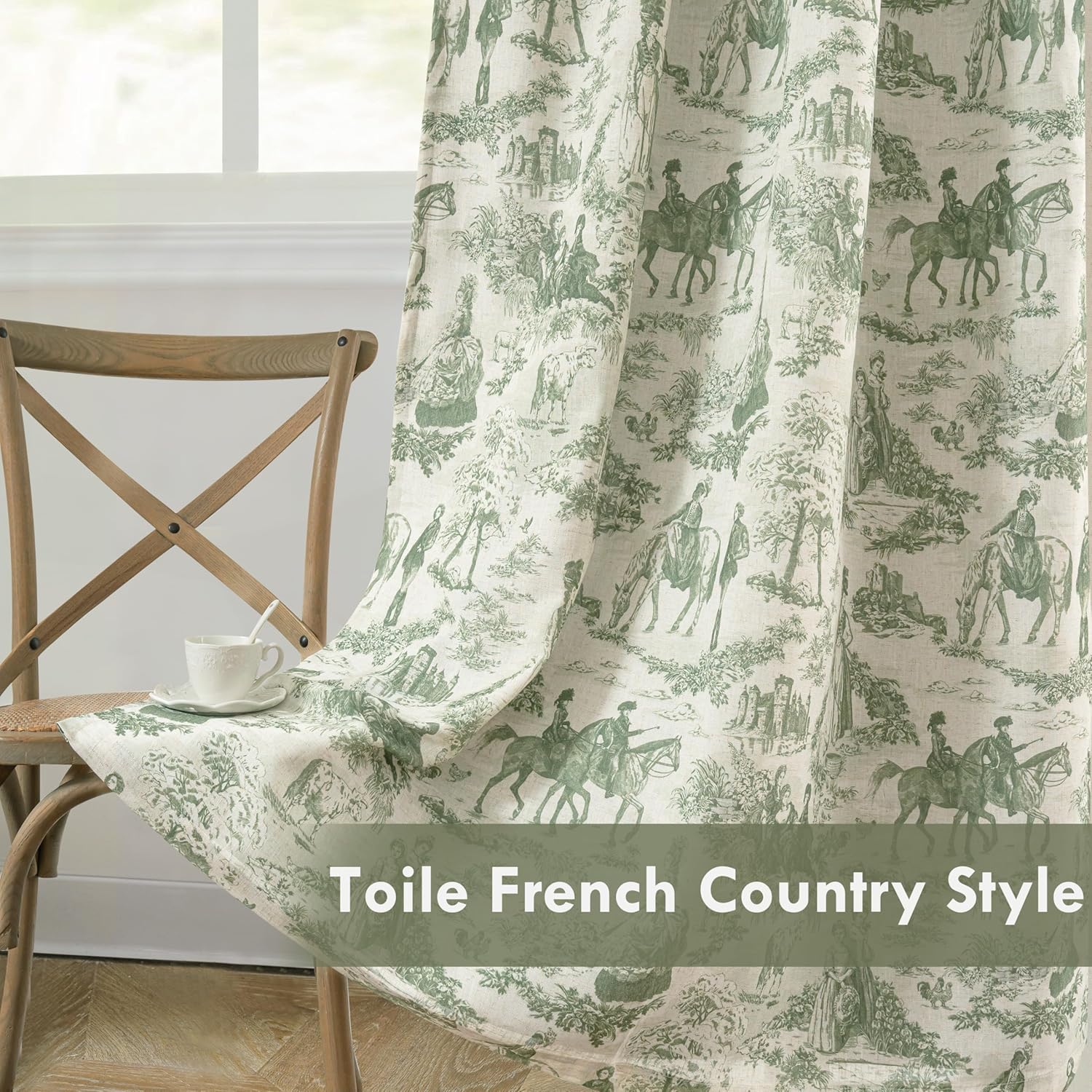 DriftAway 100% Blackout Toile Linen Curtains for Bedroom Double Layer Farmhouse French Country Vintage Printed Pattern Thermal Sound Lined Back Tab Living Room Drapes 84 inch Long 2 Panels Loden Green