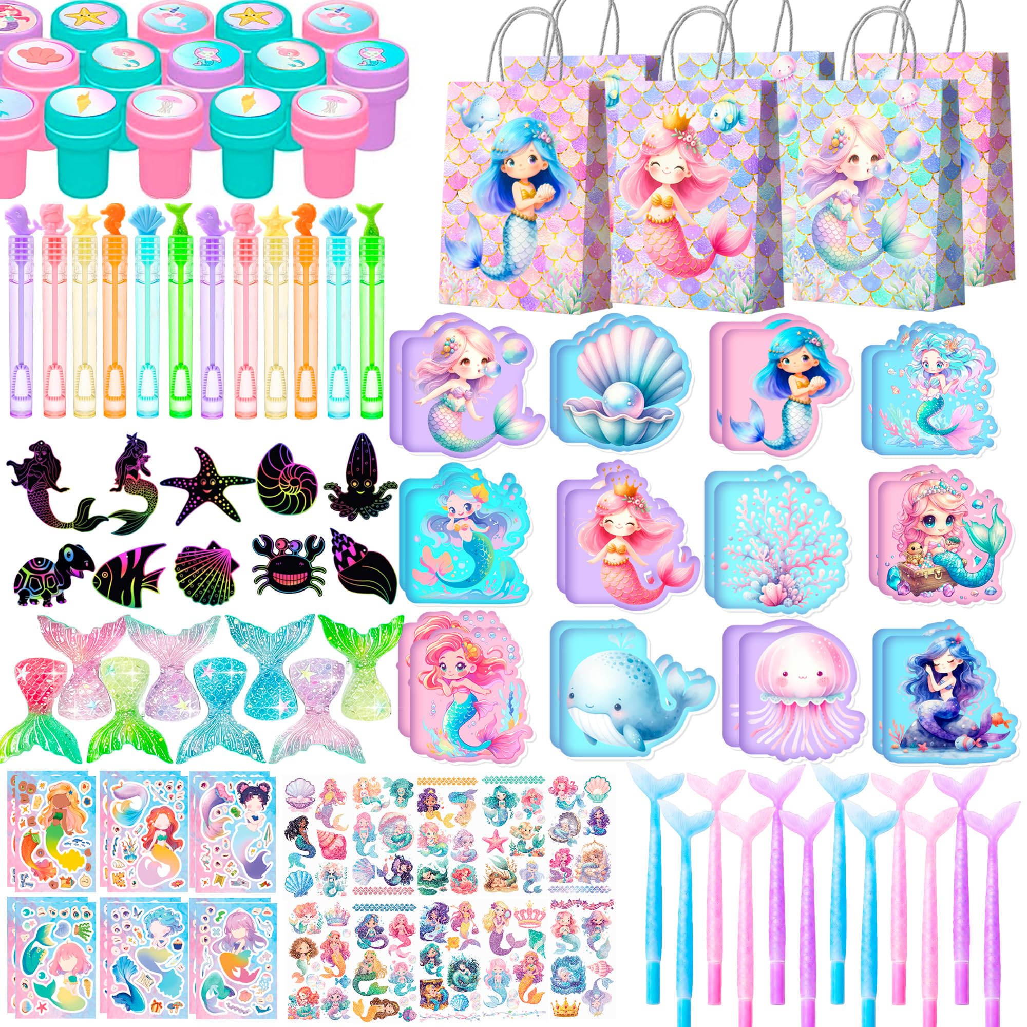 Sirena Bomboniere Festa,108 Pezzi Set di Bomboniere a Forma di Sirena Includere Tema Sirene Taccuino Regalo Borsa Adesivi Gadget Compleanno