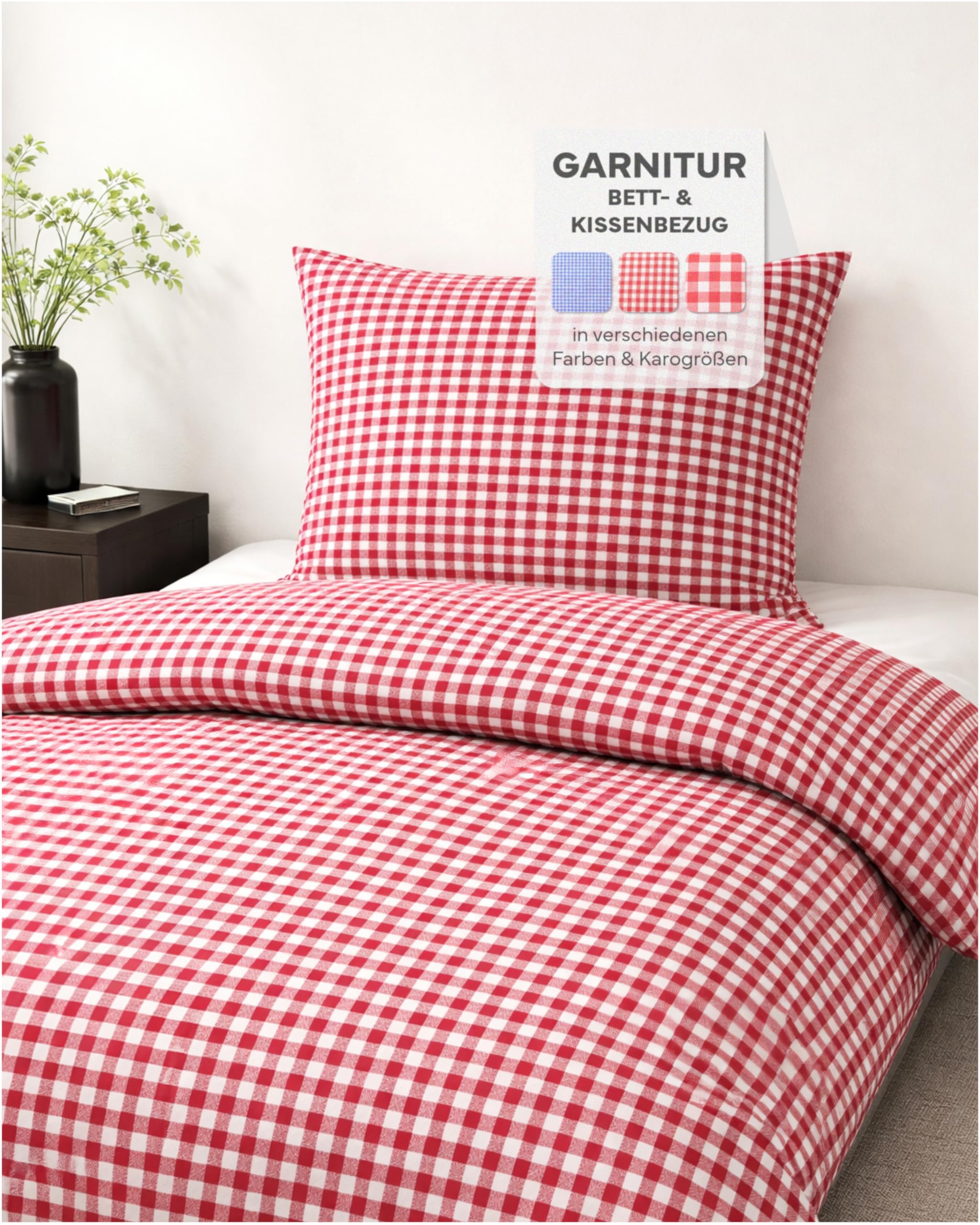 Landhaus Bettwäsche in rotem Karo 1x1 cm mit Hotelverschluss (Garnitur 135x200 cm + 80x80 cm)