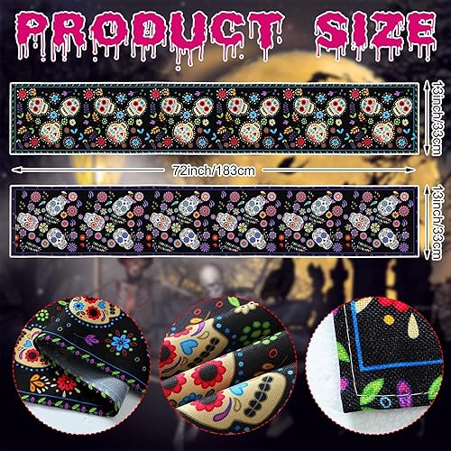 Miniatura 2 de Peryiter Camino de mesa del Día de los Muertos, 2 piezas, decoración de lino con calavera de azúcar, caminos de mesa mexicanos para festivales,