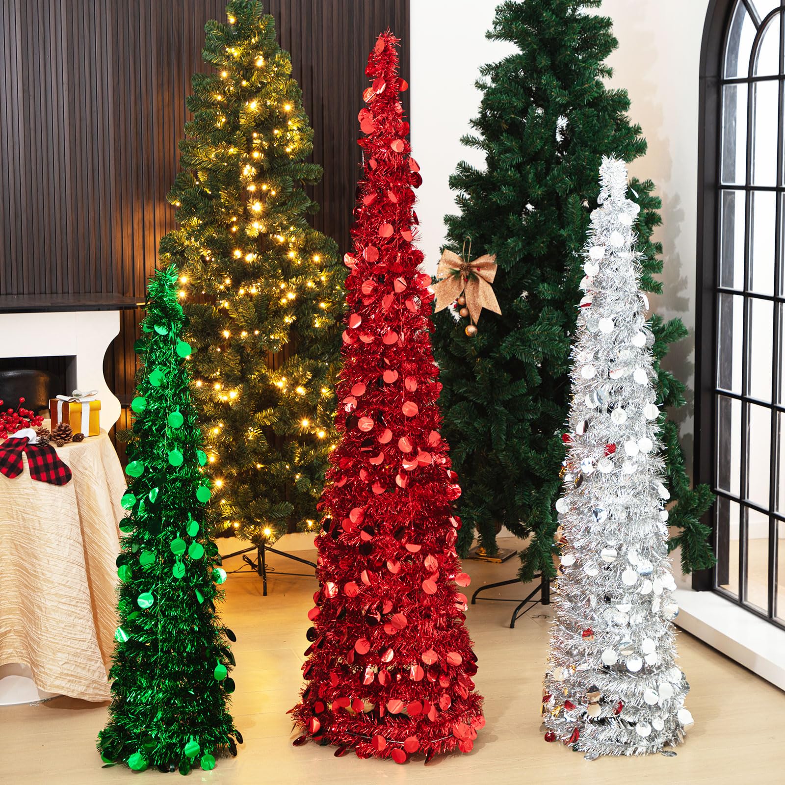 Photo 1 of Poen 3 Pcs 6ft 5ft 4ft Pop up Christmas Tinsel Tree Collapsible Reusable Pop up Tree Slim Artificial Easy Assembly Tinsel Christmas Tree for Christmas Party Holiday Decoration, Red Silver Green