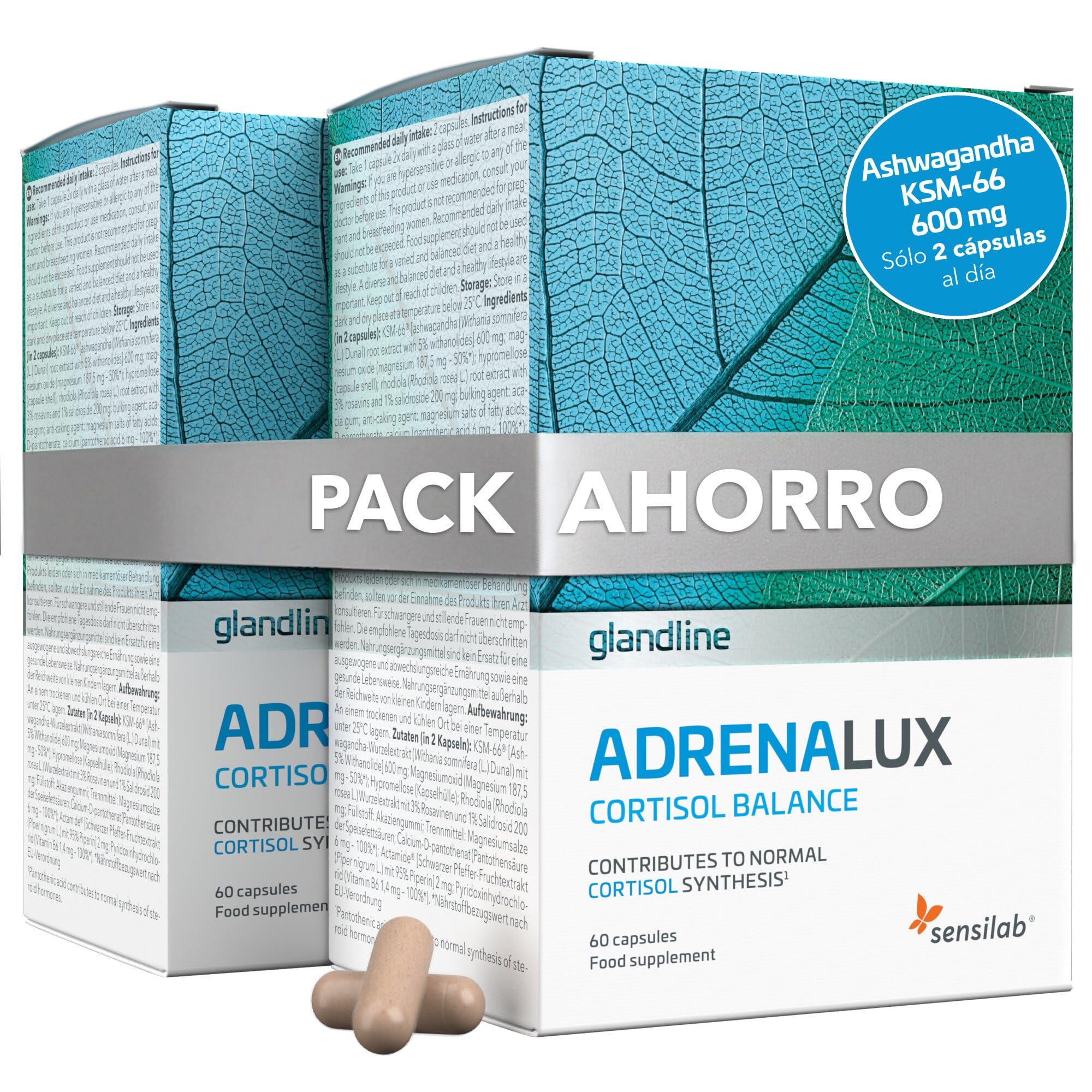 Sensilab AdrenaLux con Ashwagandha. Cortisol, Antiestres. 120 Cápsulas | Ashwagandha KSM-66, magnesio, vitamina B6 y rhodiola para cortisol, antiestres, bienestar y concentración. Para 60 días