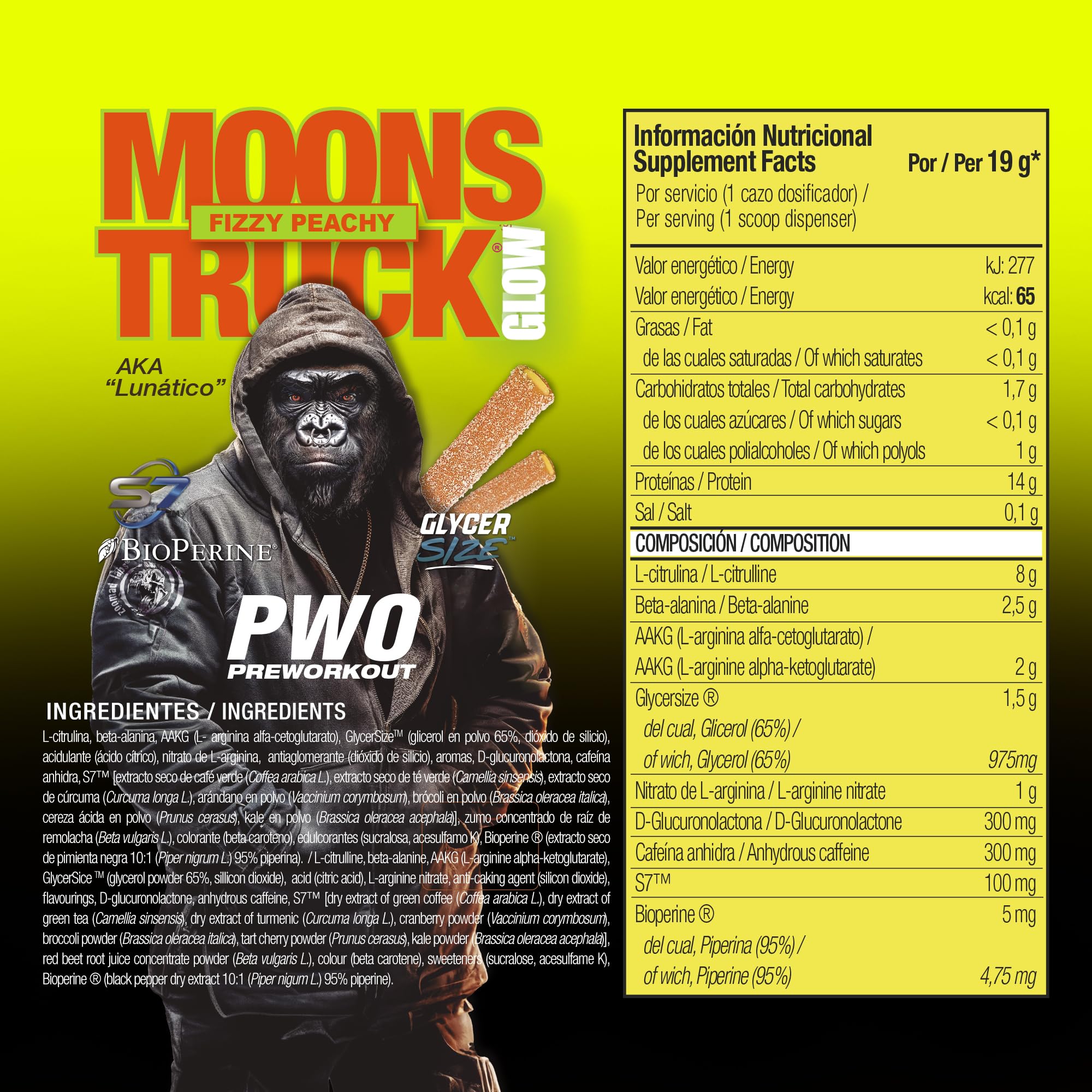 Pre Workout Moonstruck Glow Zoomad Labs 494g – Preentreno Premium para Gimnasio con Cafeína, Óxido Nítrico, Pump Extremo y Fuerza – Bote 3D Gorila Glow que Brilla - Fizzy Peachy
