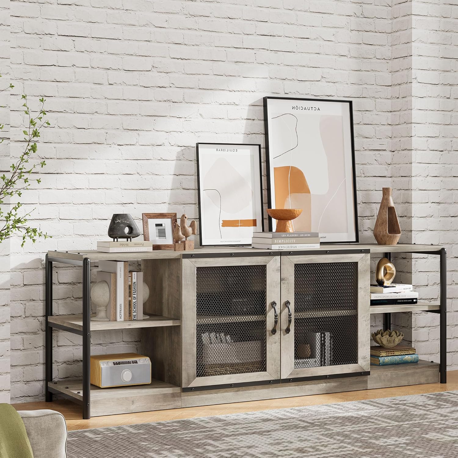 Amyove Farmhouse TV Stand for 75/80 Inch TVs, Industrial Entertainment Center With Double Mesh Doors and Storage Cabinet, Rustic Media Console Table for Living Room, Grey