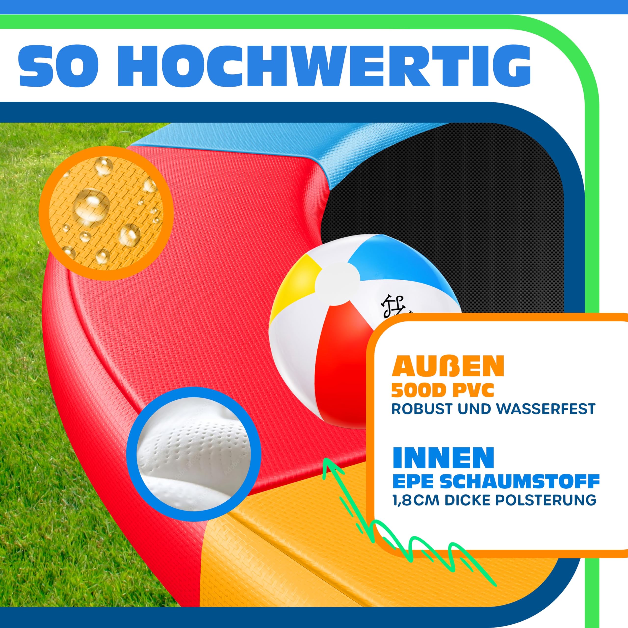KESSER Housse de protection pour trampoline Ø 366 cm, largeur 30 cm, 100 % résistant aux UV, anti-déchirure, avec ballon de plage multicolore