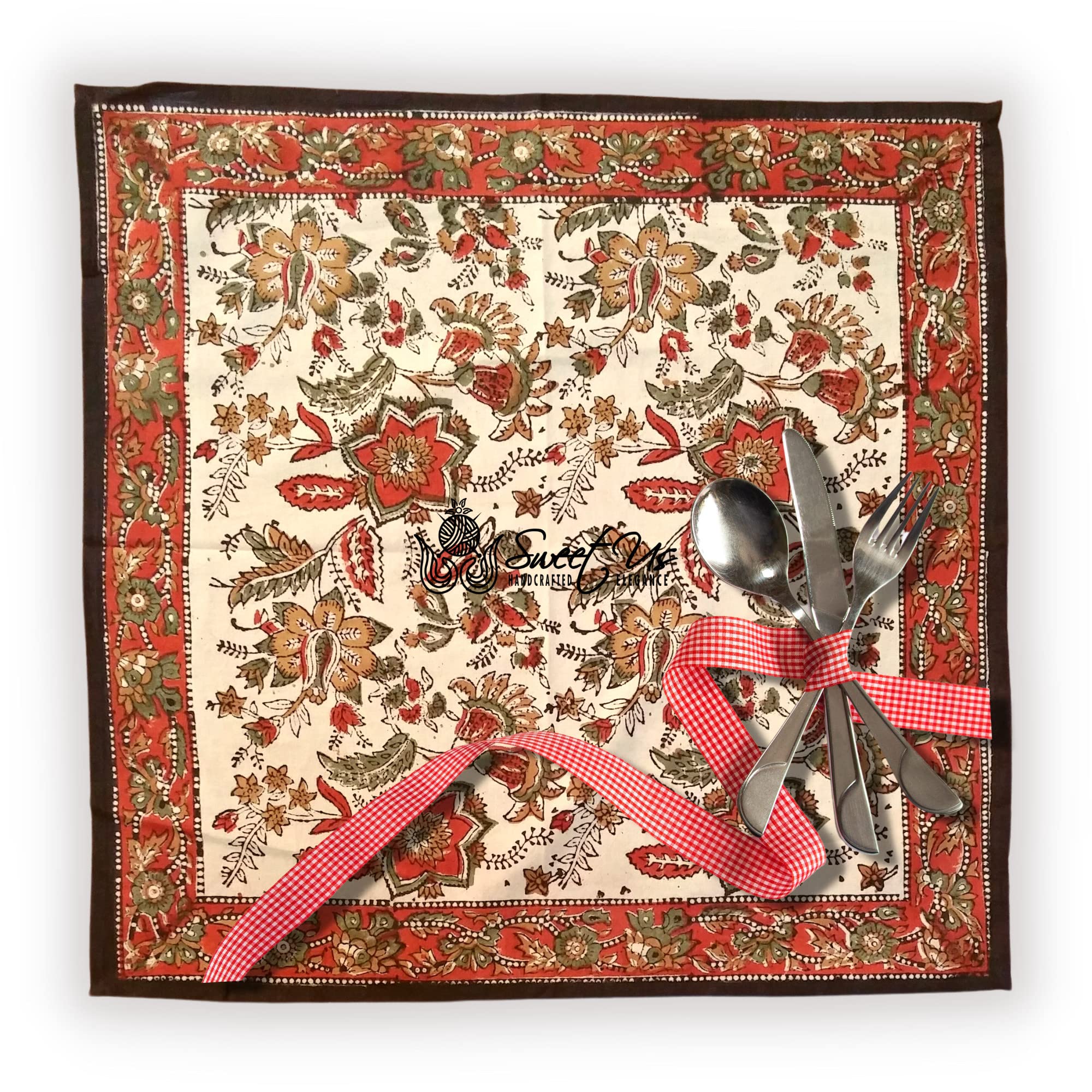 Sweet Us Vintage Floral Cotton Block Print Set of Two Dinner Napkins and One Gray Napkin, Floral Kitchen Dining Napkin, Table Napkin for Indoor and Outdoors, Autumn Dust, 19 x 19 in