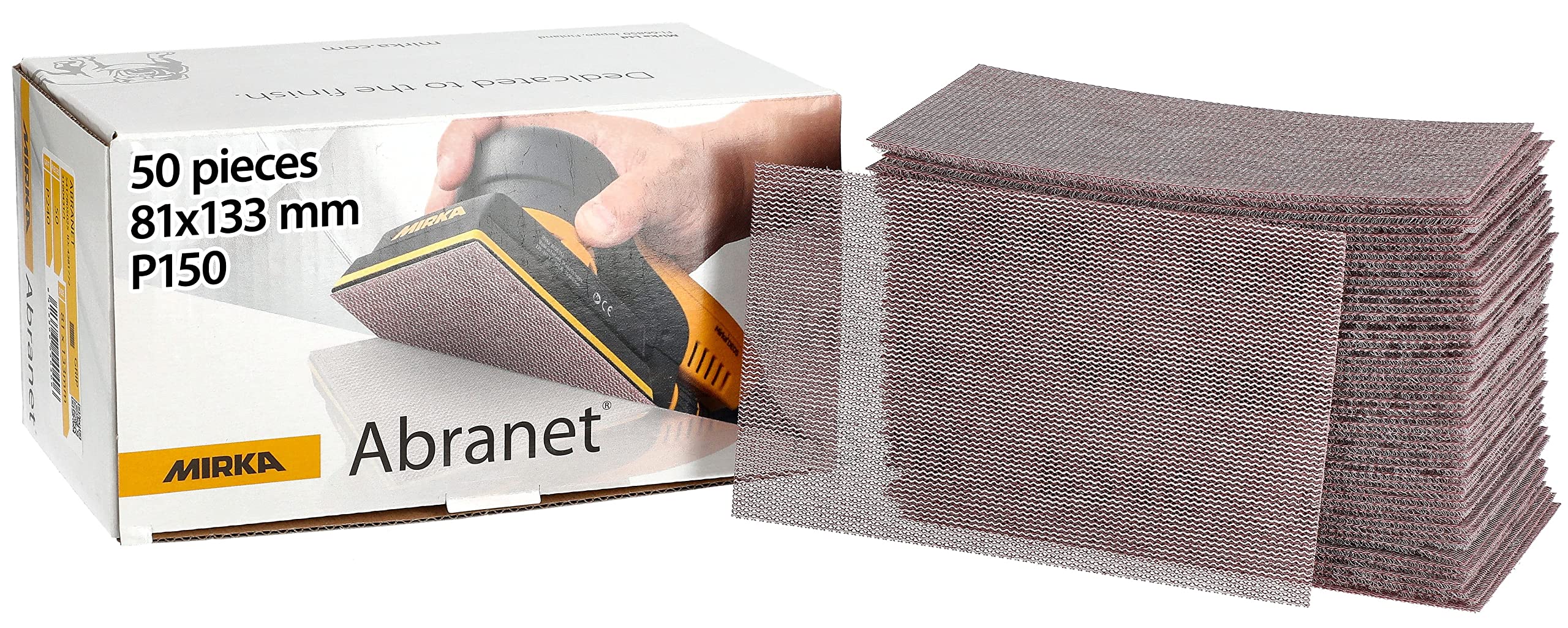 Mirka Abranet net sandpaper strips 81x133 mm Hook & loop/Grit P150 / 50 pcs/for sanding wood, walls, metal, aluminium, stainless steel, filler, varnish, plastic / 5417805015