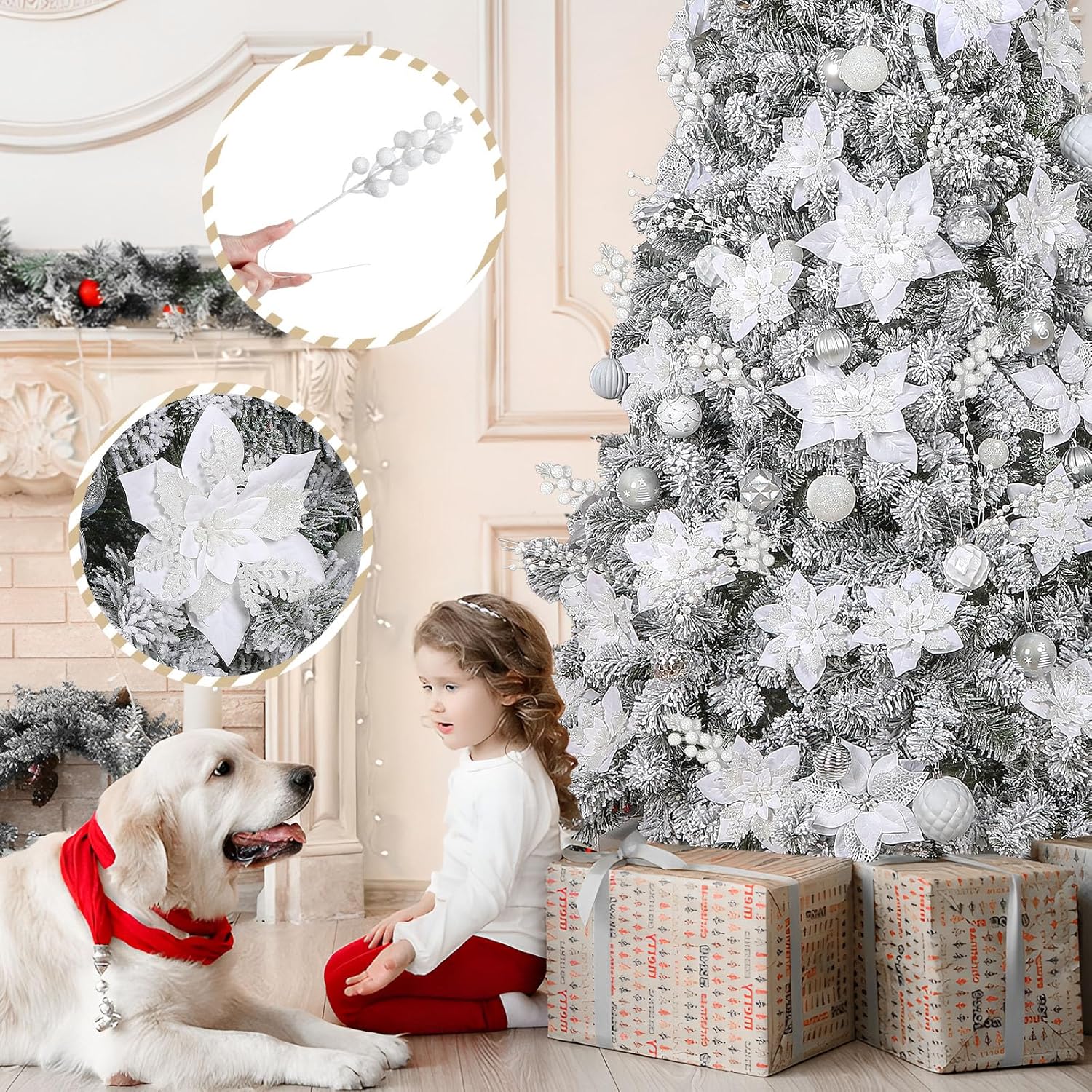 Alupssuc 24 Pieces Christmas Tree Decorations, 12 PCS White Poinsettia Flowers Artificial and 12 PCS Glitter Christmas Tree Picks for Christmas Decorations Party Wreath Fireplace Stairs, White