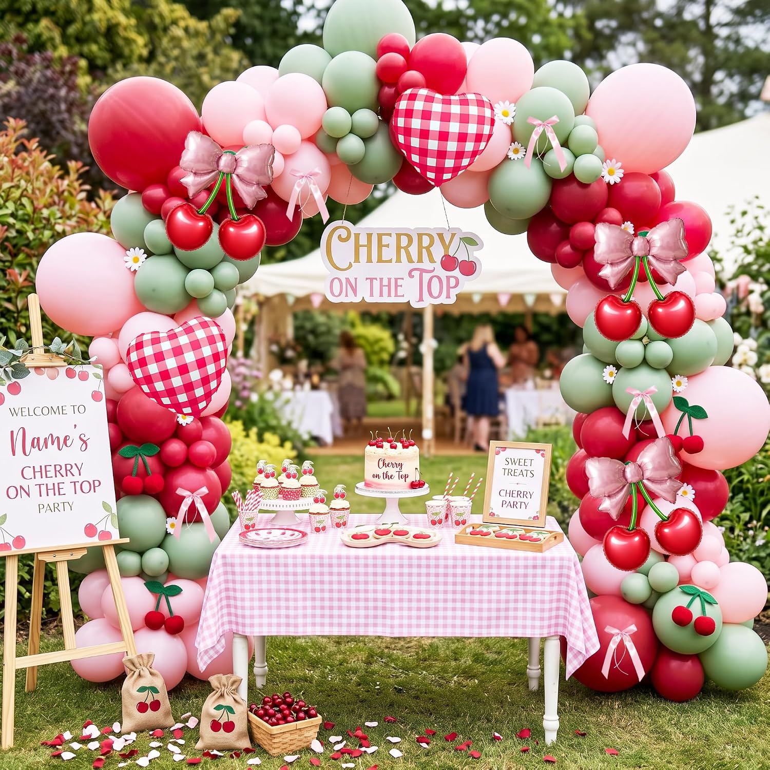 Cherry Balloon Arch Kit with Cherry Bow Foil Balloons, Red Pink Sage Green Balloon Garland for Cherry Birthday Decorations, Cherry on Top Baby Shower, Coquette Birthday Party Decor
