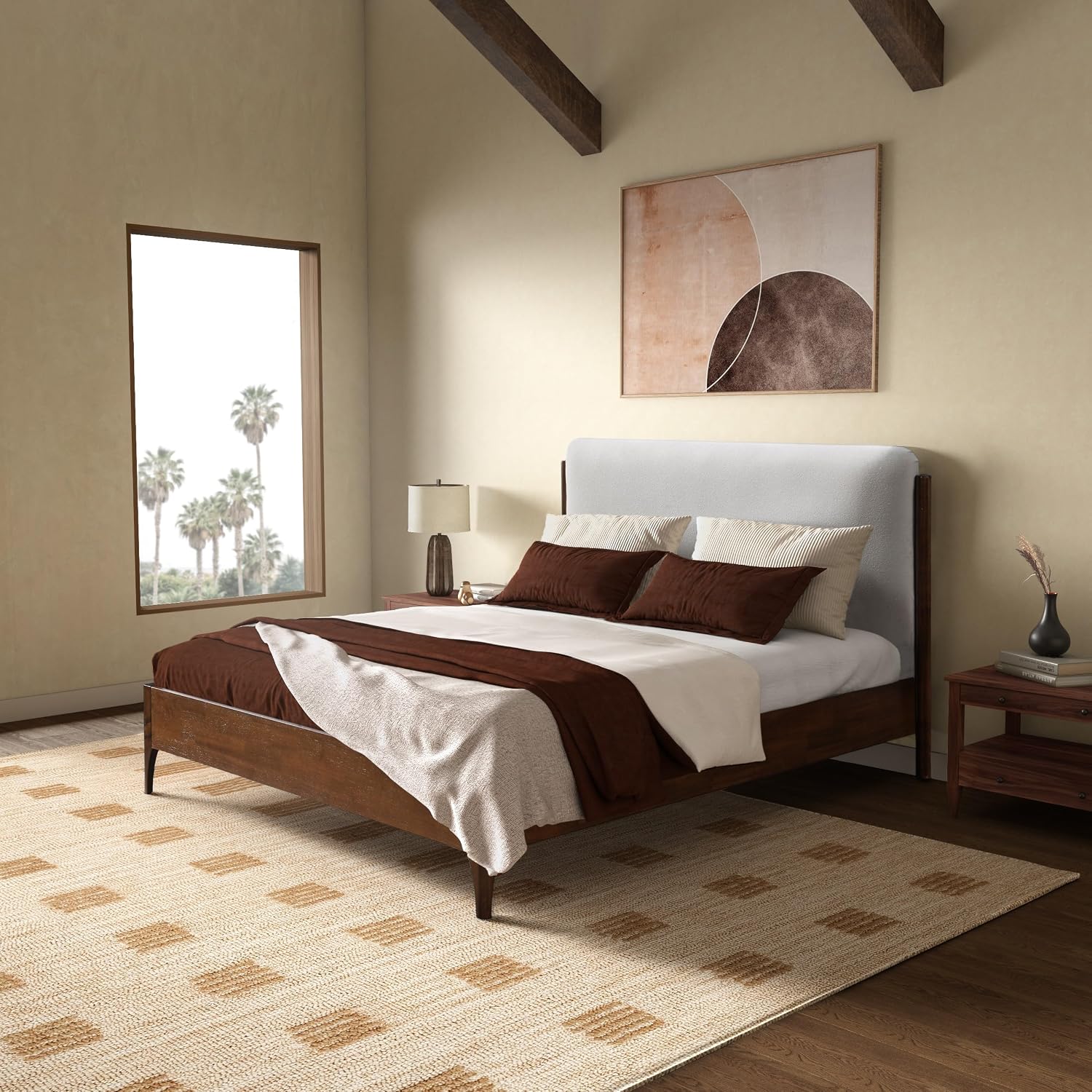 SAFAVIEH Couture Collection - Solacina Walnut Wood Frame Bed, Ivory Fabric Upholstered Headboard, Queen Size, No Box Spring Needed (SFV1803B-Q)