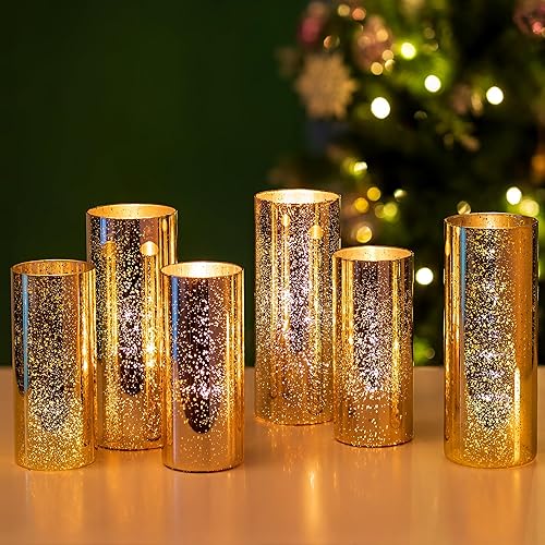 Miniatura 9 de Glasseam Gold Hurricane Candle Holder Set of 2, Mercury Glass Candle Holder, Cylinder Candle Holders for Pillar Candles, Floating Candle Vases for