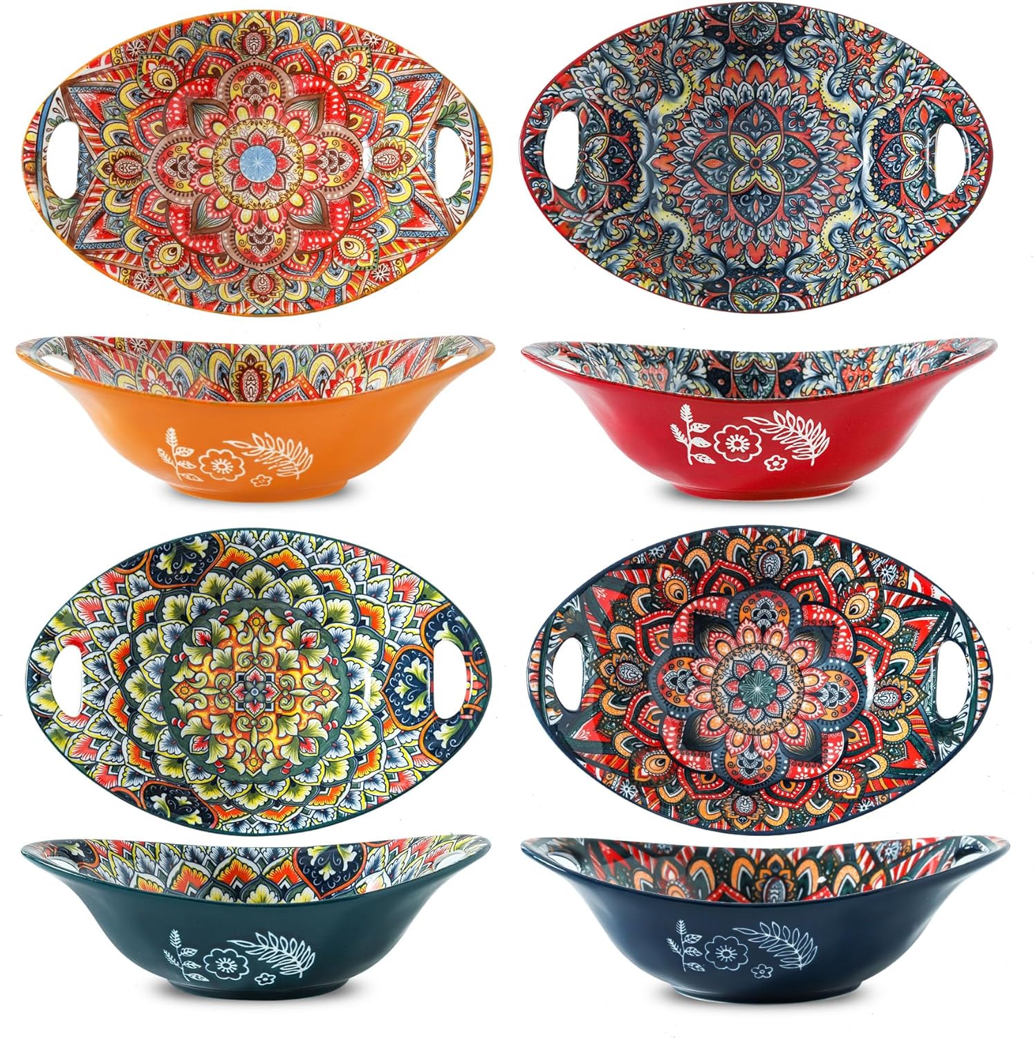 Ceramic Large Soup Bowl with Double Handle 9 inch Set of 4-20 oz, Embossed Bowl Set for Salad, Oatmeal, Dessert, Pasta, Stew, Dishwasher & Microwave Safe - Colorful