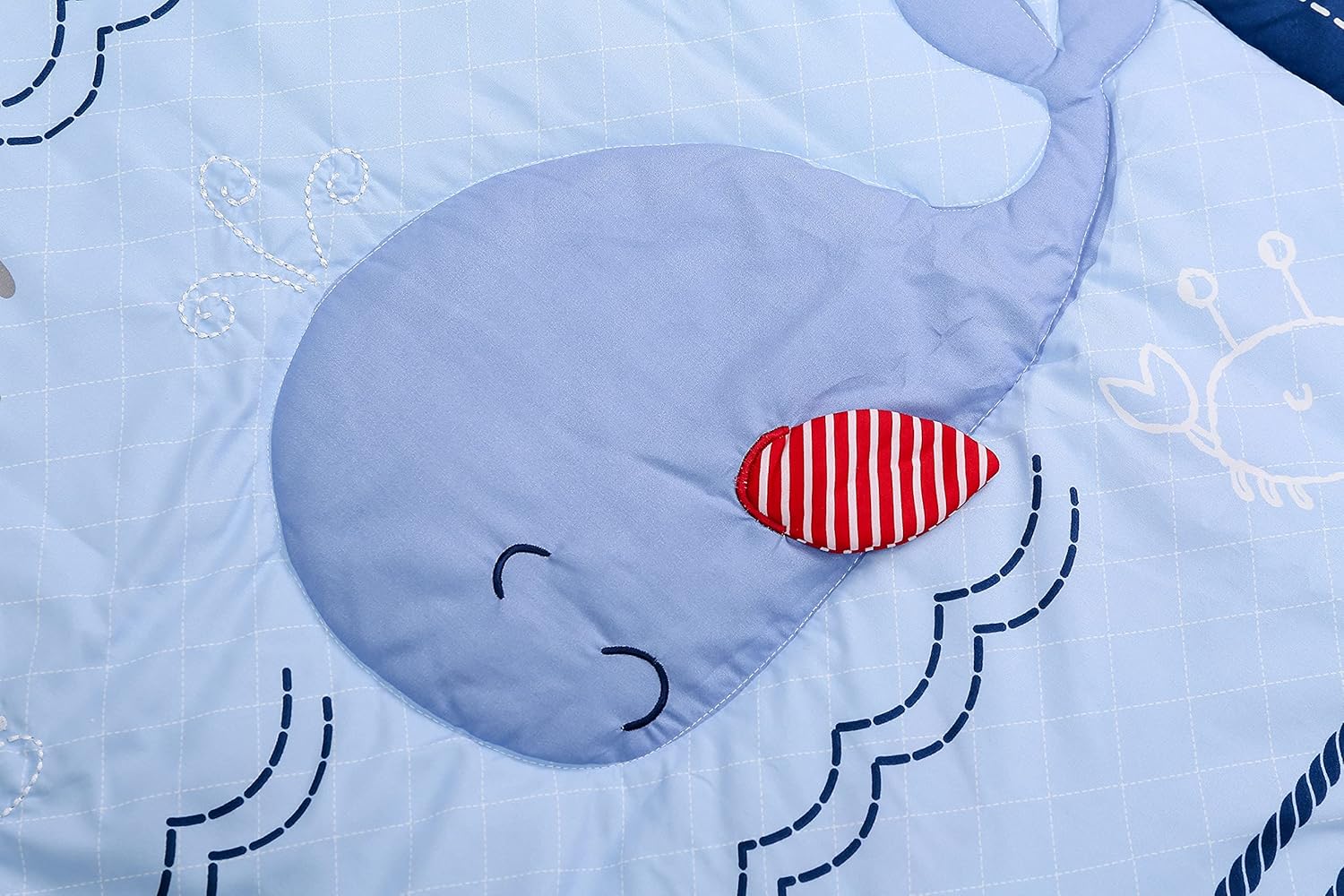 JAHbaby 3 PCs Blue Ocean Whale Nursery Crib Bedding Set Embroidery Ocean Themed Baby Cot Bedding Set Quilt Fitted Sheet Skirt