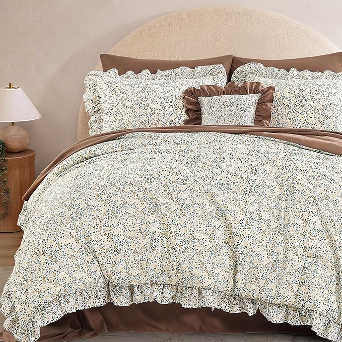 Queen Comforter Set - 7 Pieces Ruffle Beige Ditzy Bedding Sets, Shabby Chic Farmhouse Bed in a Bag Queen with Floral Comforter,Sheets, Pillowcases & Shams