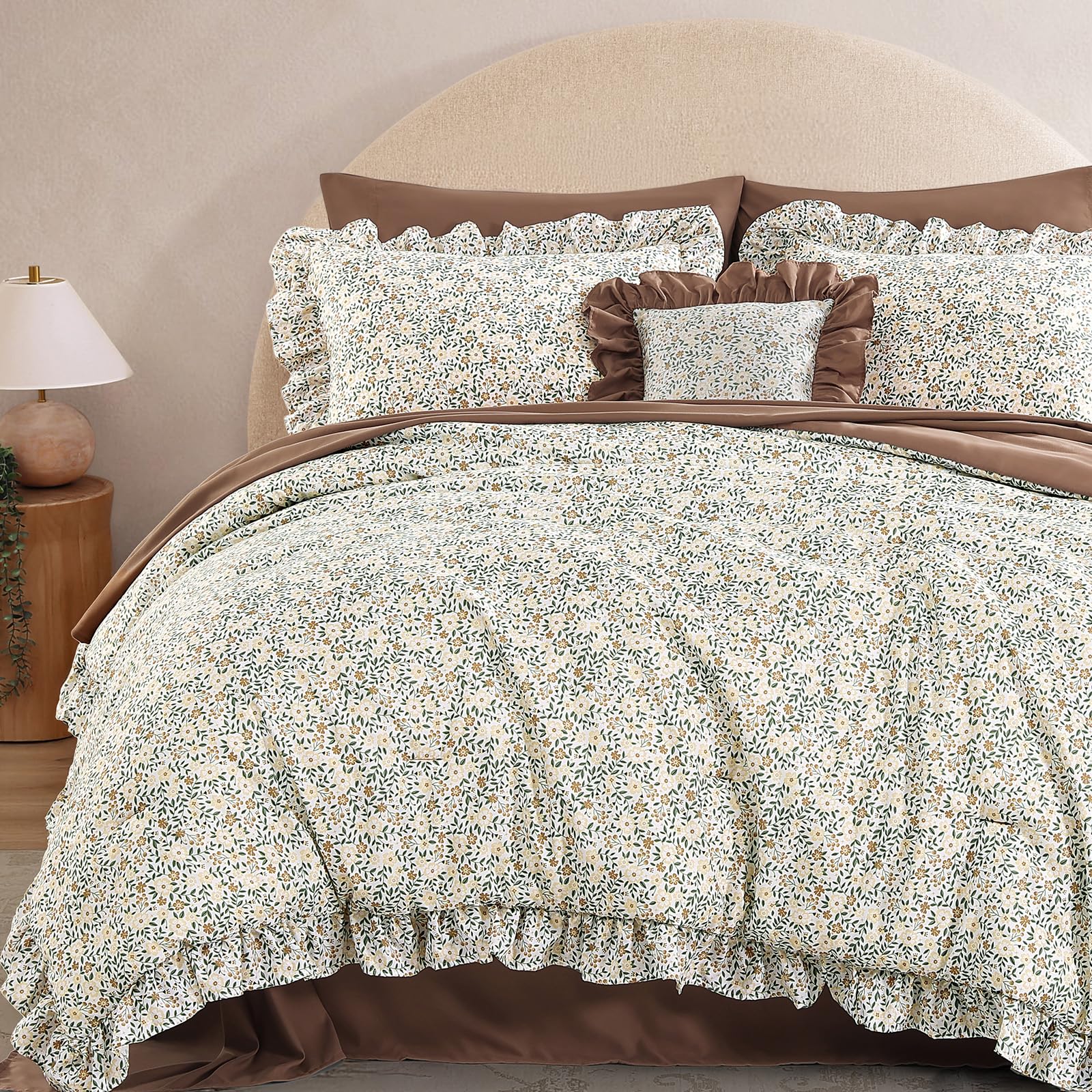 Photo 1 of BLOOMHAVEN Queen Comforter Set - 7 Pieces Ruffle Beige Ditzy Bedding Sets, Shabby Chic Farmhouse Bed in a Bag Queen with Floral Comforter,Sheets, Pillowcases & Shams