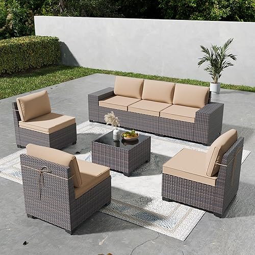 Kullavik 7 Pieces Outdoor Patio Furniture Set,PE Wicker Rattan Sectional Sofa Patio Conversation Sets with Soft Cushions and Tempered Glass Table,Sand