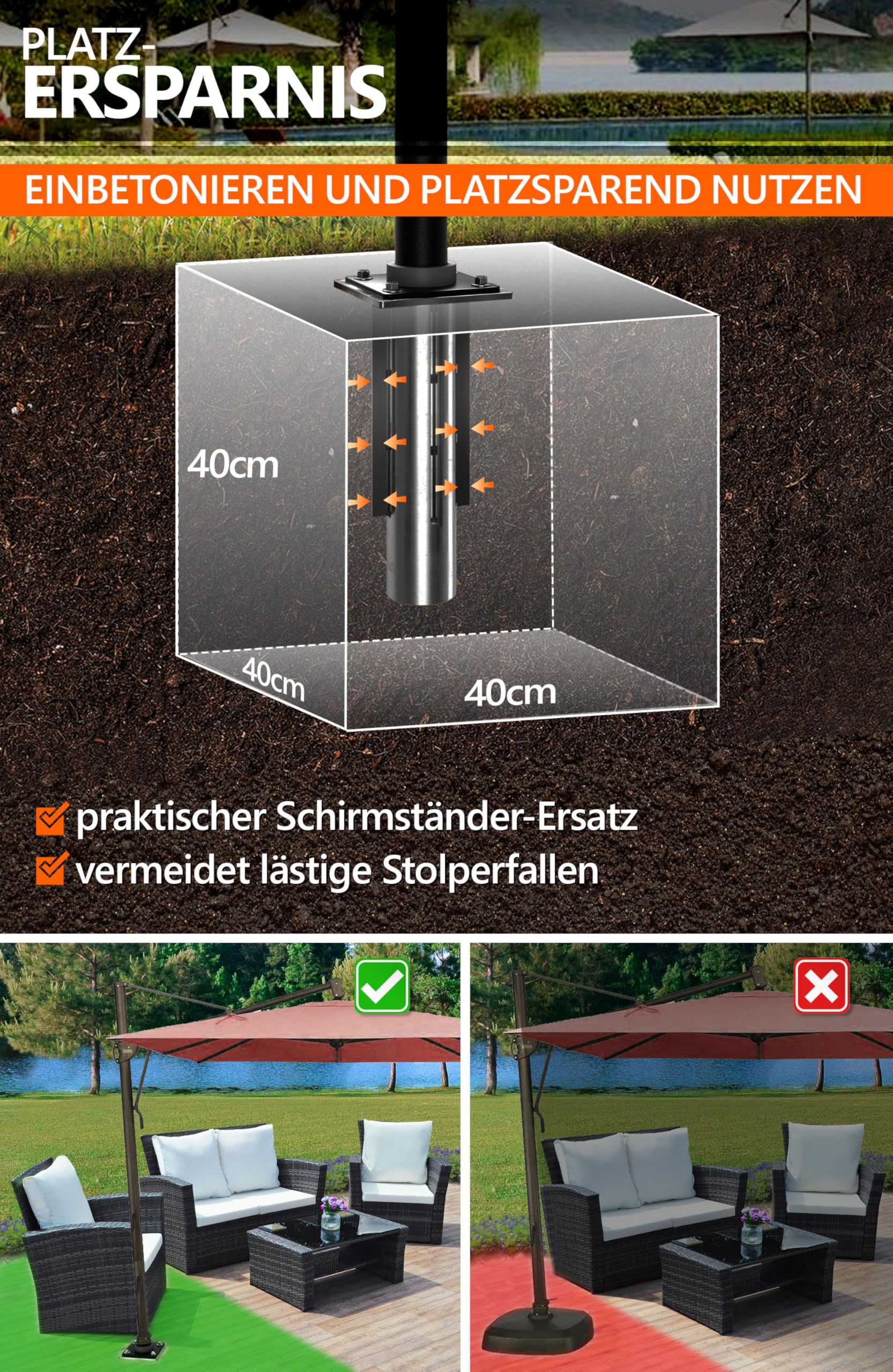 4smile Bodenhülse Sonnenschirm - verzinktem Stahl Bodenanker Ampelschirm mit Bodenplatte zum Einbetonieren, Zeitlose Qualität - Universeller Sonnenschirmständer Ampelschirm, belastbar bis 500 kg