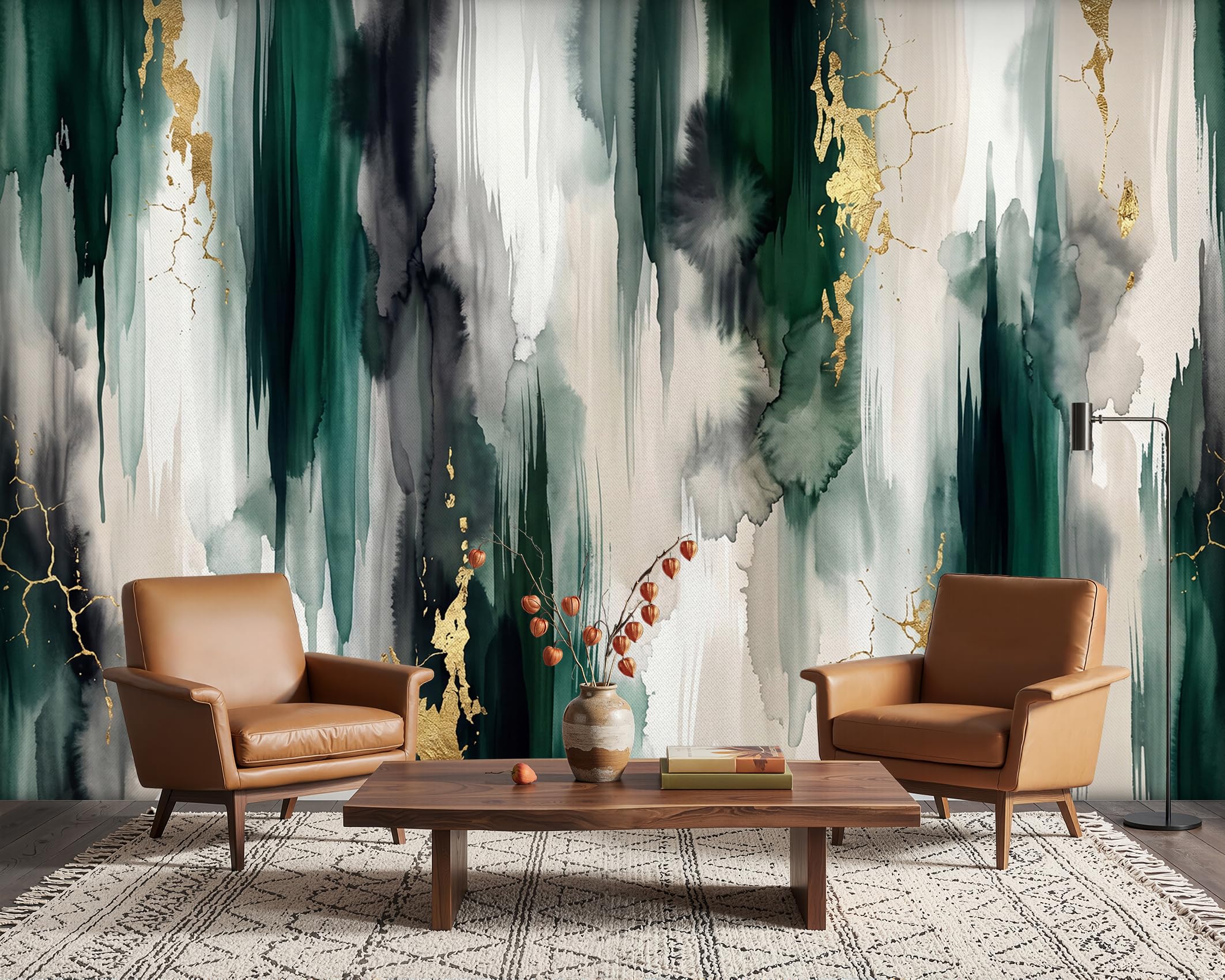 PaxGloz Contemporary Art Emerald Green and Gold Wallpaper, Watercolour Abstract Wall Mural for Living Room & Bedroom, Non-Woven Decorative Wall Art 400x280 cm