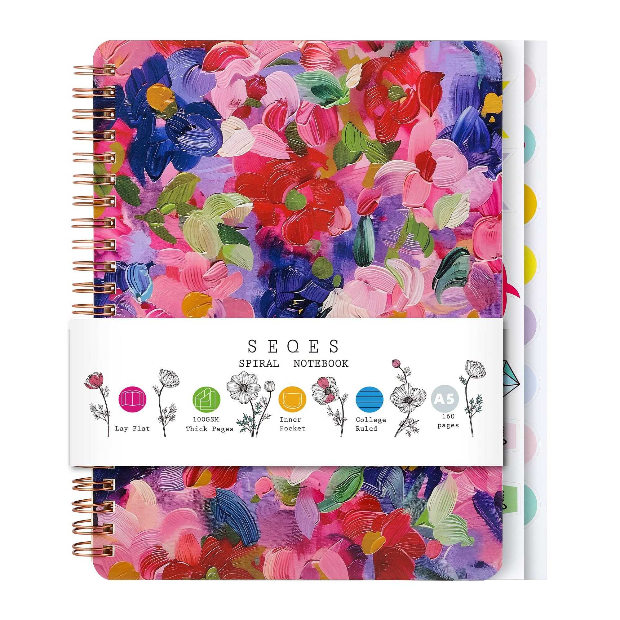 SeQeS Aesthetic Spiral Notebook for Women, 8.25" x 6.25" Journal with Durable Hardcover and 160 Lined Pages with Large Pockets - Gift for Work, School