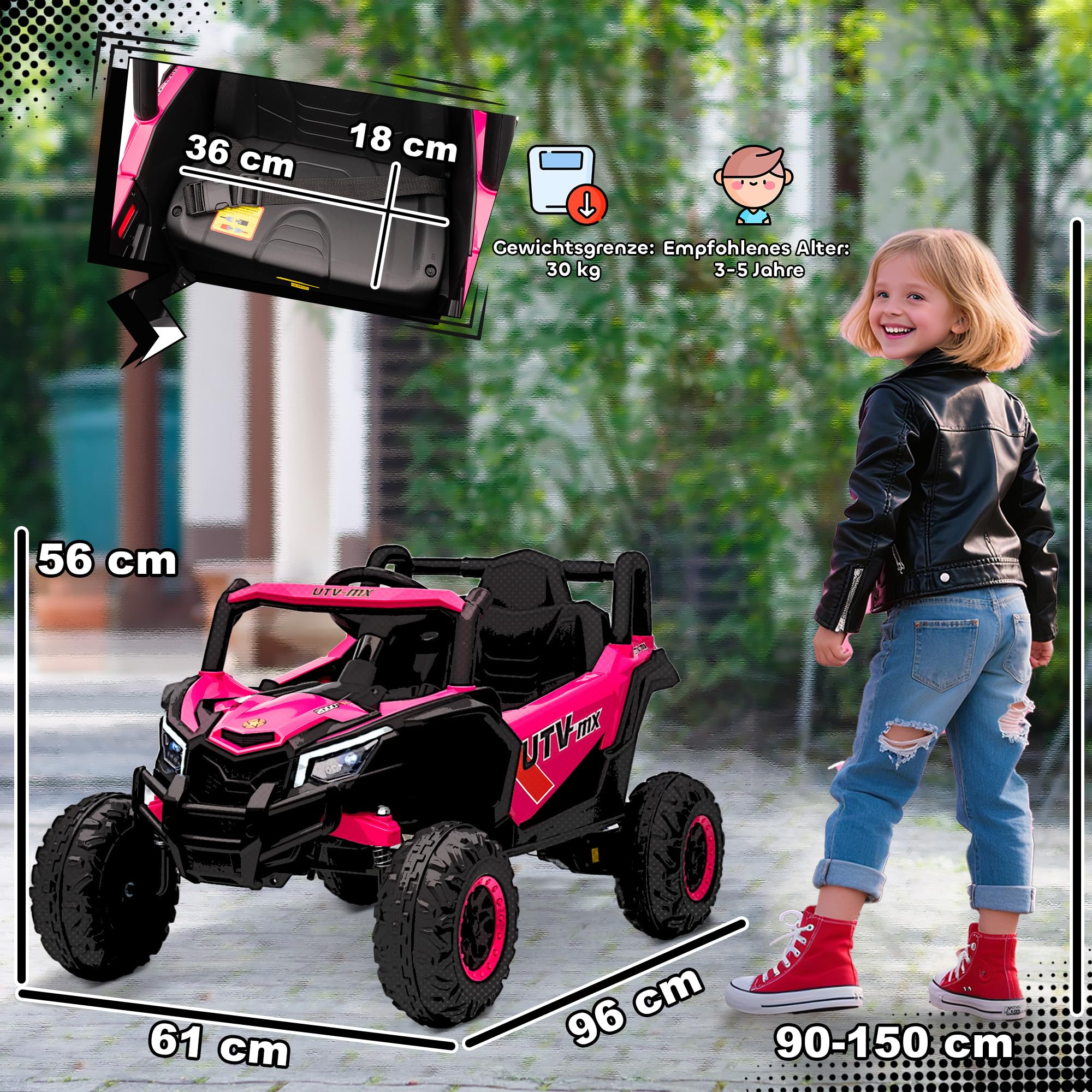 AIYAPLAY Samochód elektryczny dla dzieci 12 V, UTV z pilotem zdalnego sterowania 2,4 GHz, 2 silniki, pojazd dziecięcy z cichym startem, system zawieszenia, diody LED, muzyka, złącze USB, klakson dla 3