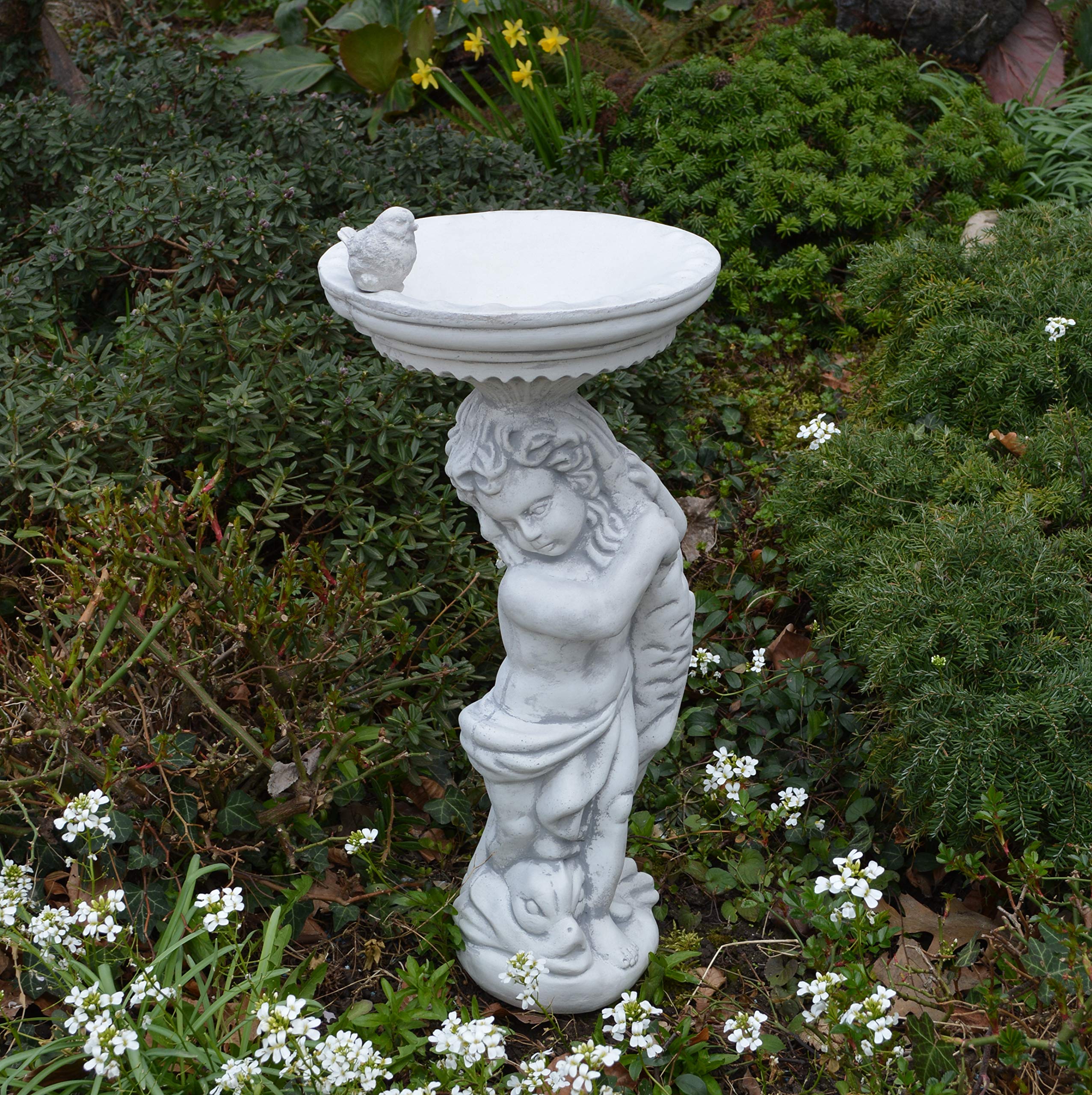 gartendekoparadies.de Chłopiec z dużym poidłem dla ptaków, kamienna figurka wys. 54 cm, 18 kg, szara, odporna na mróz z odlewu kamiennego do użytku na zewnątrz