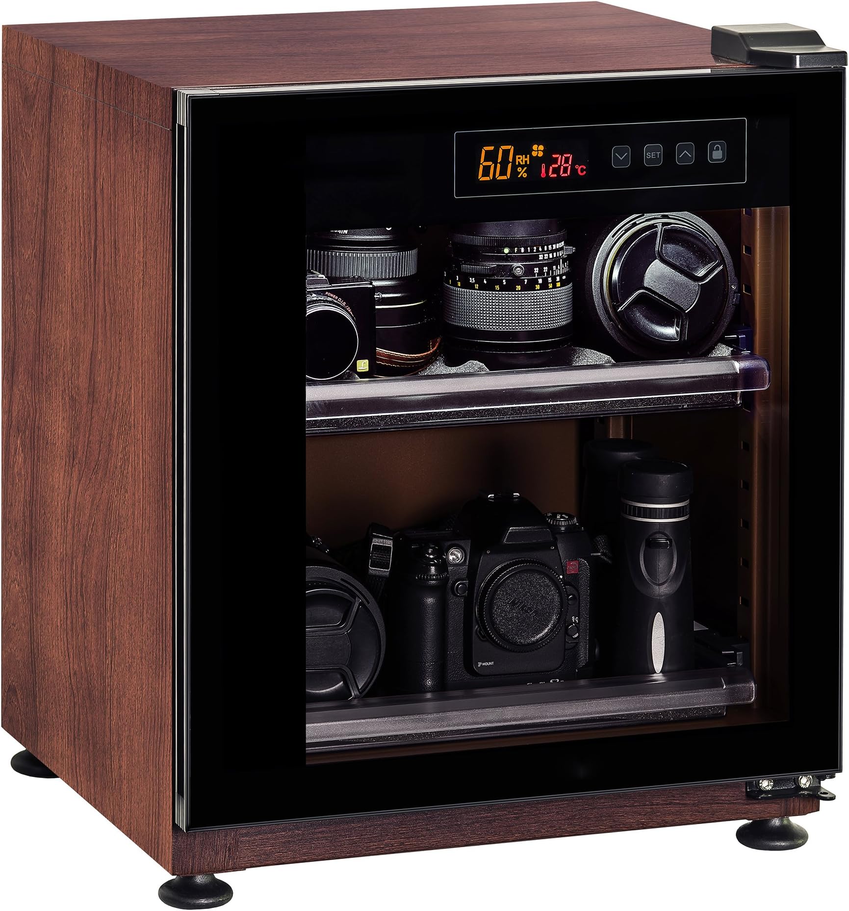Camera Dehumidifying Dry Cabinet Box with USB Charging, Touch Screen Password Access, Woodgrains Surface Design for DSLR Camera Lens & Equipment (60L)