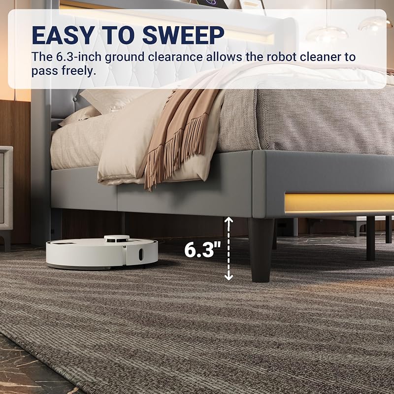Allewie King Size Upholstered Bed Frame with LED & Charging Station, Gray image 6
